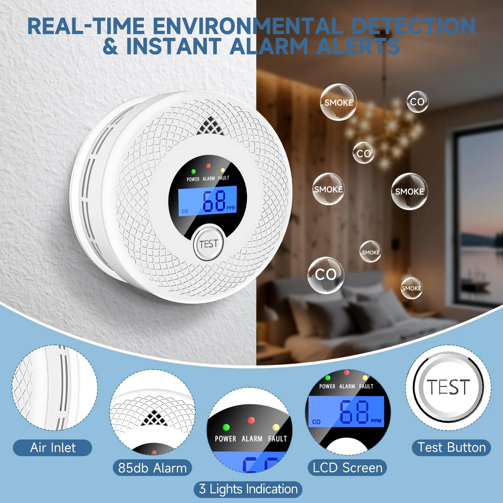 Interconnected 2-in-1 Smoke & Carbon Monoxide Detector with Digital LCD Display, 85dB Loud Alarm, RF Linking for Whole Home Safety, Easy Install for Bedroom, Hallway, RV - Image 4