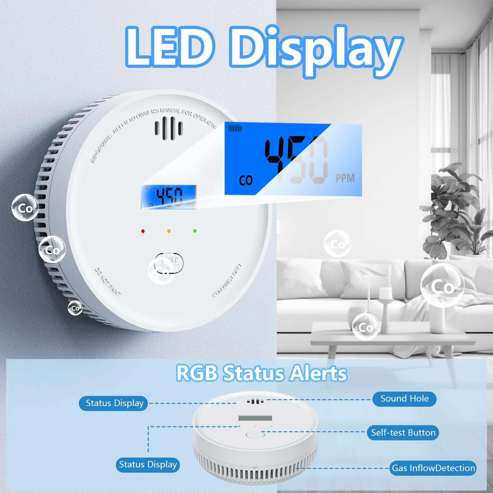 Interlinked Smoke Detector and Carbon Monoxide Detector Combo with LED Indicators, 2 in 1 CO & Smoke Alarm, Battery Operated Wireless Interconnected Smoke and Carbon Monoxide Detectors 3-Pack - Image 6