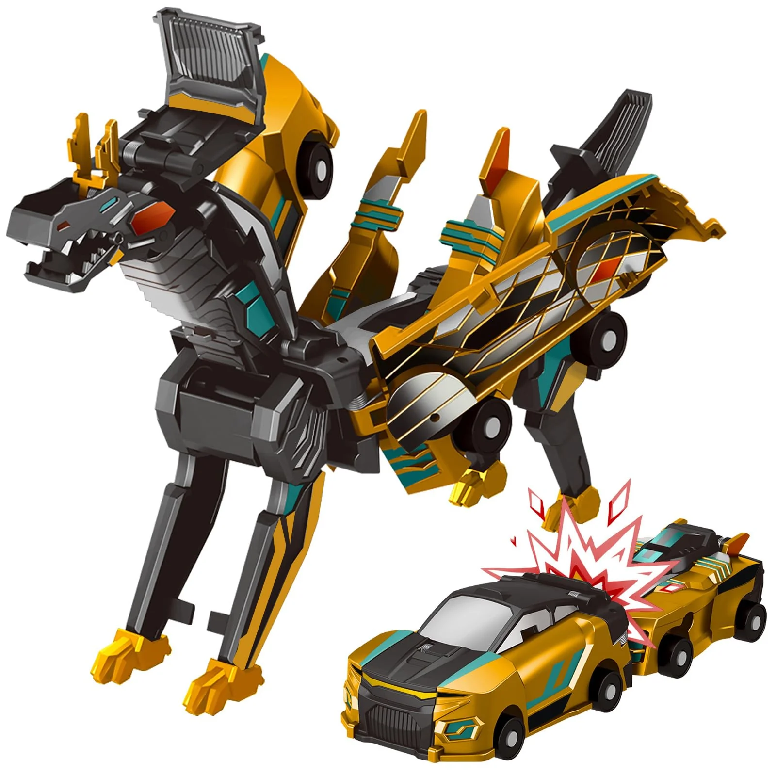 Intoypad Collision Transforming Dinosaur Car Toy, 2 Magnetic Cars Transform into Dinosaur Toys for Kids Toddler Fun Deformation Robot Dino Car Christmas Birthday Gift Toys for Boys Girl(Golden Dragon)