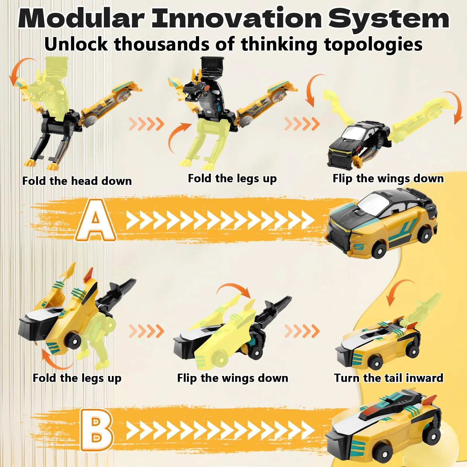 Intoypad Collision Transforming Dinosaur Car Toy, 2 Magnetic Cars Transform into Dinosaur Toys for Kids Toddler Fun Deformation Robot Dino Car Christmas Birthday Gift Toys for Boys Girl(Golden Dragon) - Image 2