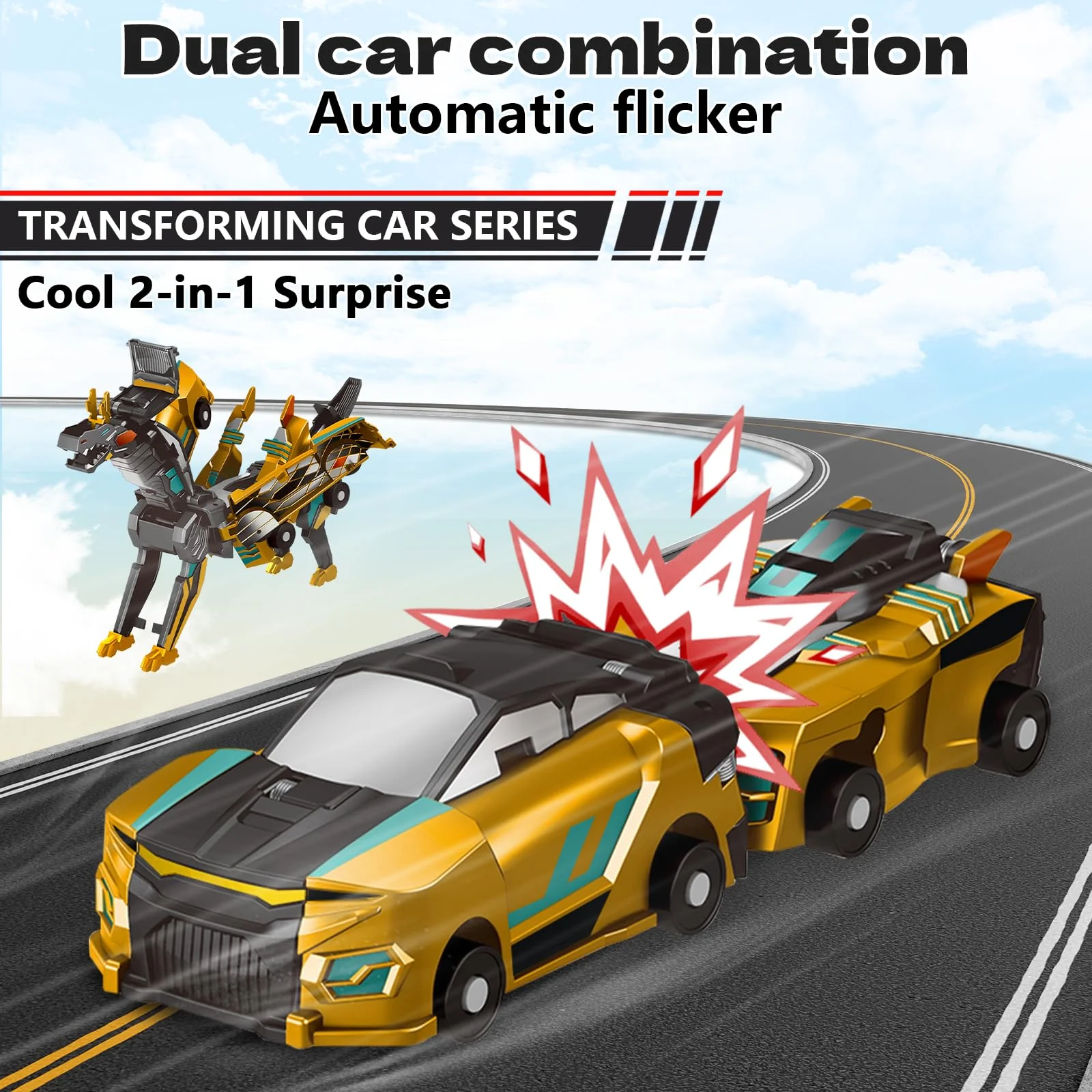 Intoypad Collision Transforming Dinosaur Car Toy, 2 Magnetic Cars Transform into Dinosaur Toys for Kids Toddler Fun Deformation Robot Dino Car Christmas Birthday Gift Toys for Boys Girl(Golden Dragon) - Image 4