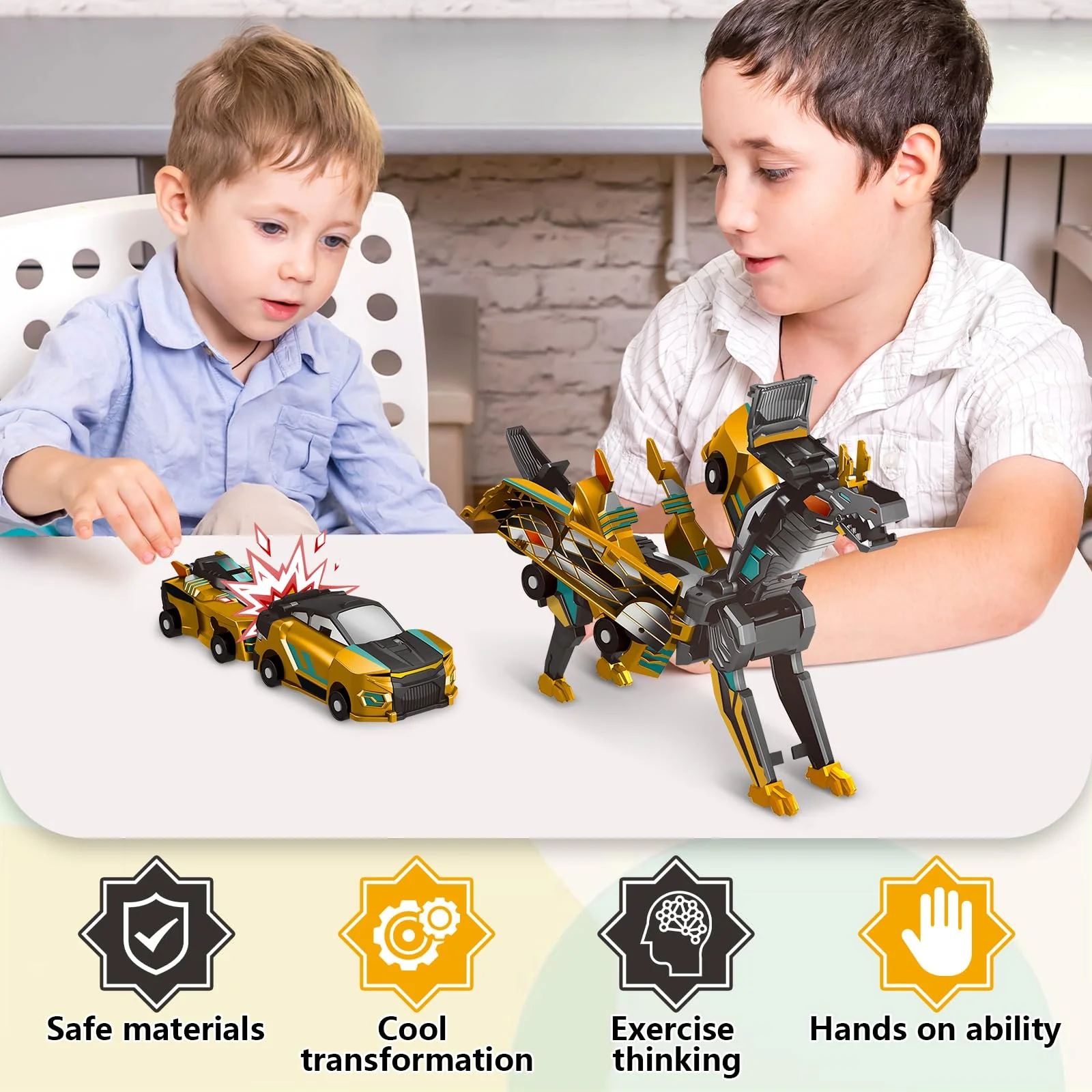 Intoypad Collision Transforming Dinosaur Car Toy, 2 Magnetic Cars Transform into Dinosaur Toys for Kids Toddler Fun Deformation Robot Dino Car Christmas Birthday Gift Toys for Boys Girl(Golden Dragon) - Image 5