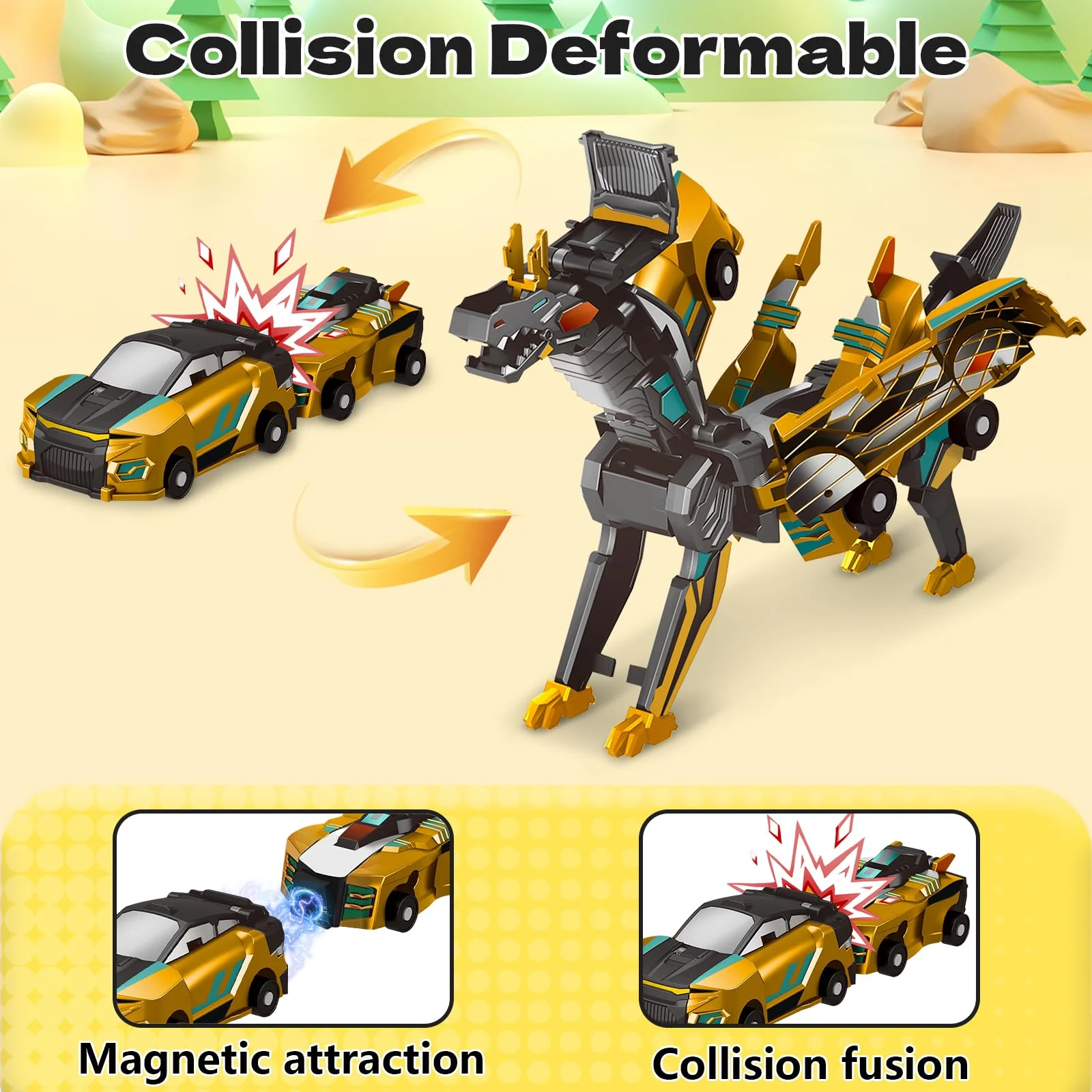 Intoypad Collision Transforming Dinosaur Car Toy, 2 Magnetic Cars Transform into Dinosaur Toys for Kids Toddler Fun Deformation Robot Dino Car Christmas Birthday Gift Toys for Boys Girl(Golden Dragon) - Image 6