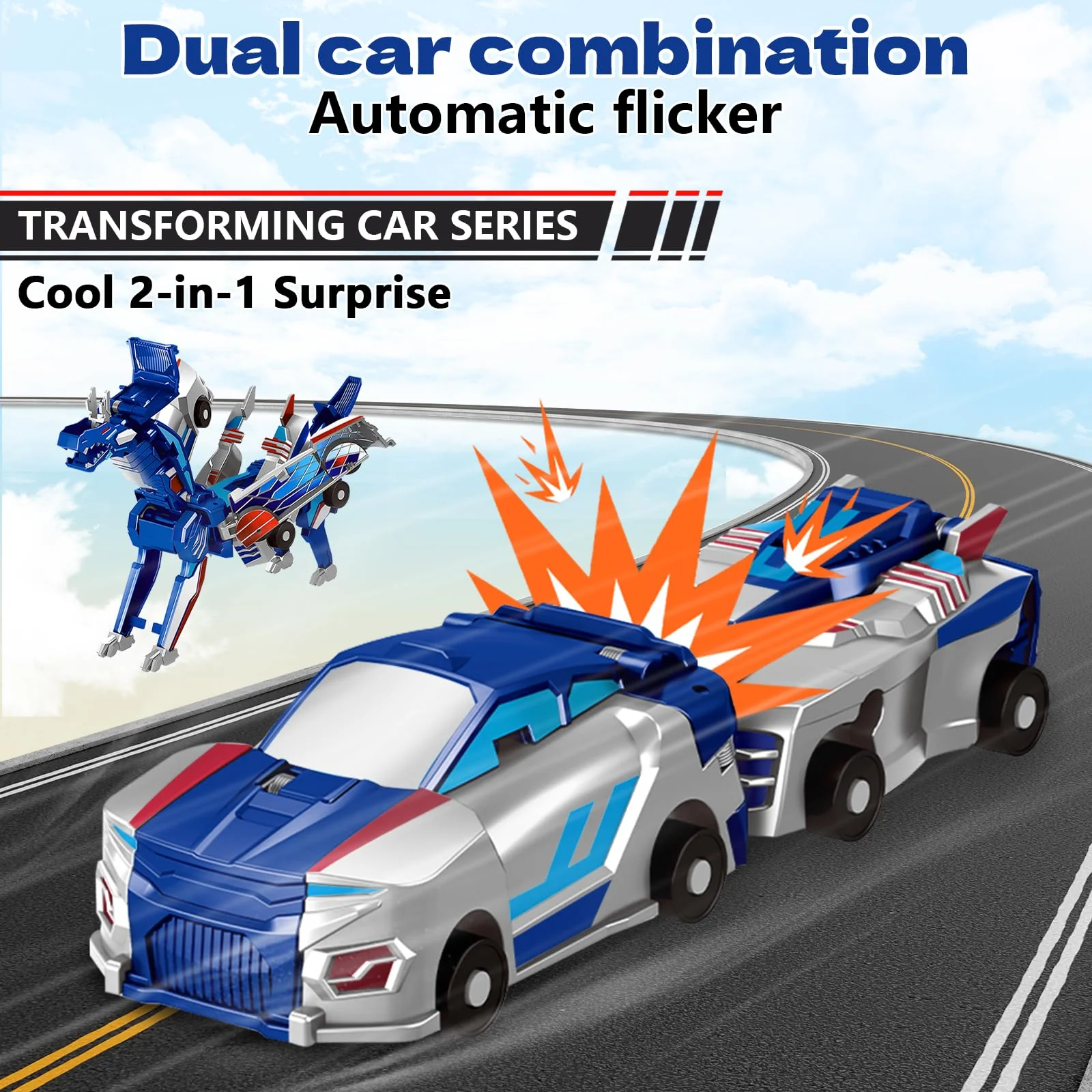 Intoypad Collision Transforming Dinosaur Car Toy, 2 Magnetic Cars Transform into Dinosaur Toys for Kids Toddler Fun Deformation Robot Dino Car Christmas Birthday Gift Toys for Boys Girls(Blue Dragon) - Image 4
