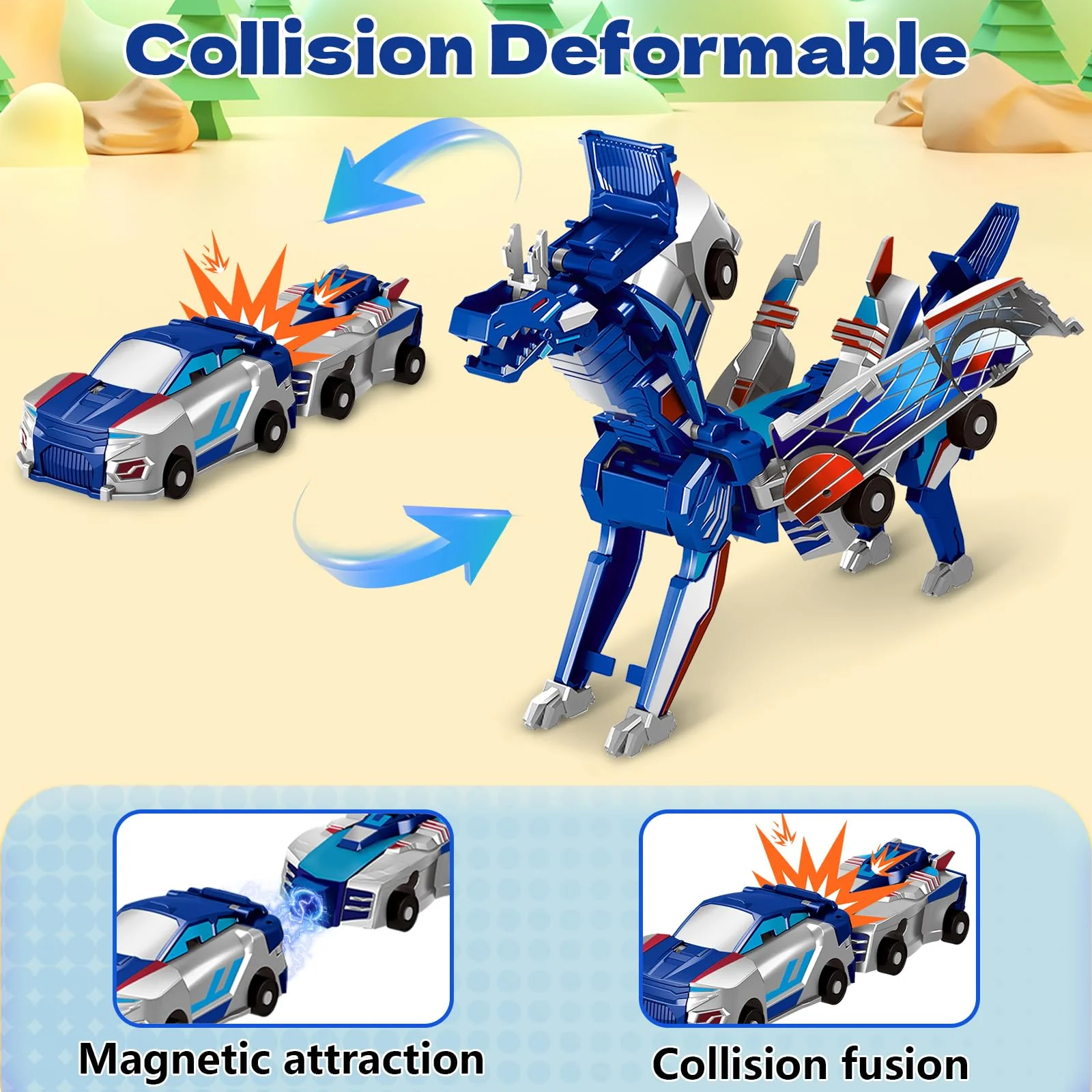 Intoypad Collision Transforming Dinosaur Car Toy, 2 Magnetic Cars Transform into Dinosaur Toys for Kids Toddler Fun Deformation Robot Dino Car Christmas Birthday Gift Toys for Boys Girls(Blue Dragon) - Image 6