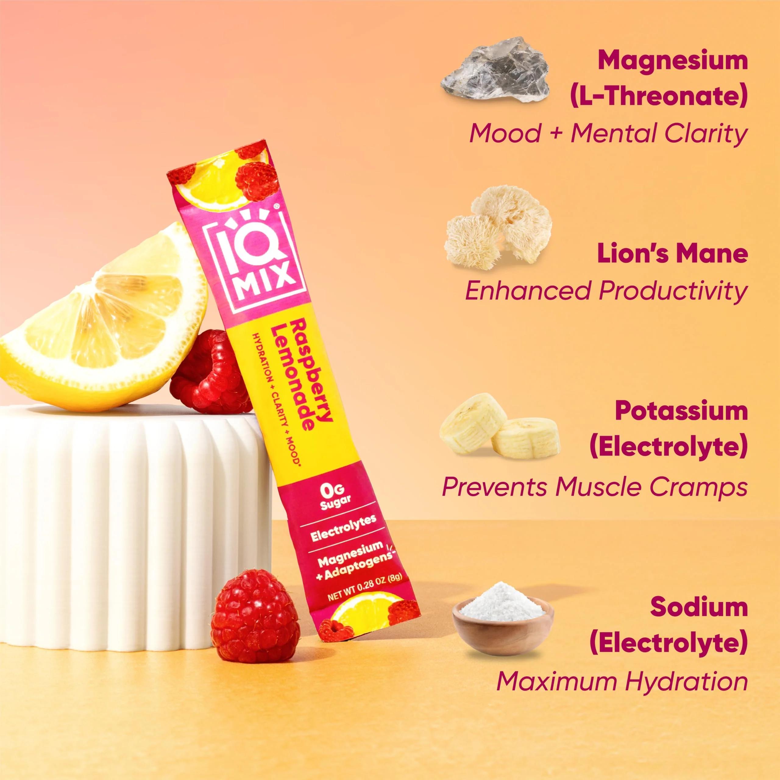IQMIX Hydration Electrolyte Powder – 4-in-1 Formula for Hydration, Mental Clarity, Mood and Recovery – Sugar-Free Drink Mix, Keto, Magnesium L-Threonate, Lion’s Mane – 20 Count New Raspberry Lemonade - Image 5