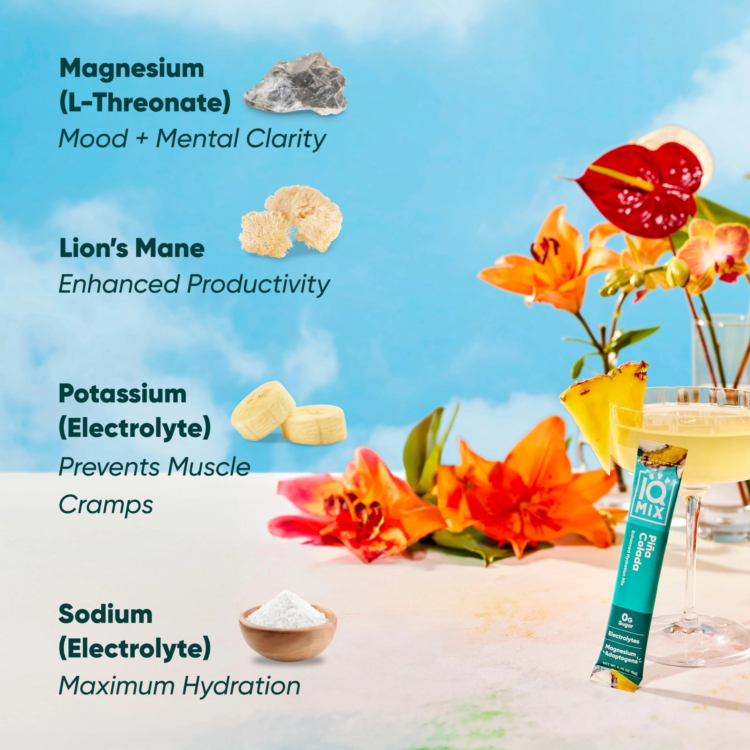 IQMIX Hydration Electrolyte Powder – 4-in-1 Formula for Hydration, Mental Clarity, Mood and Recovery – Sugar-Free Drink Mix, Keto, Magnesium L-Threonate, Lion’s Mane – 40 Count Piña Colada - Image 4
