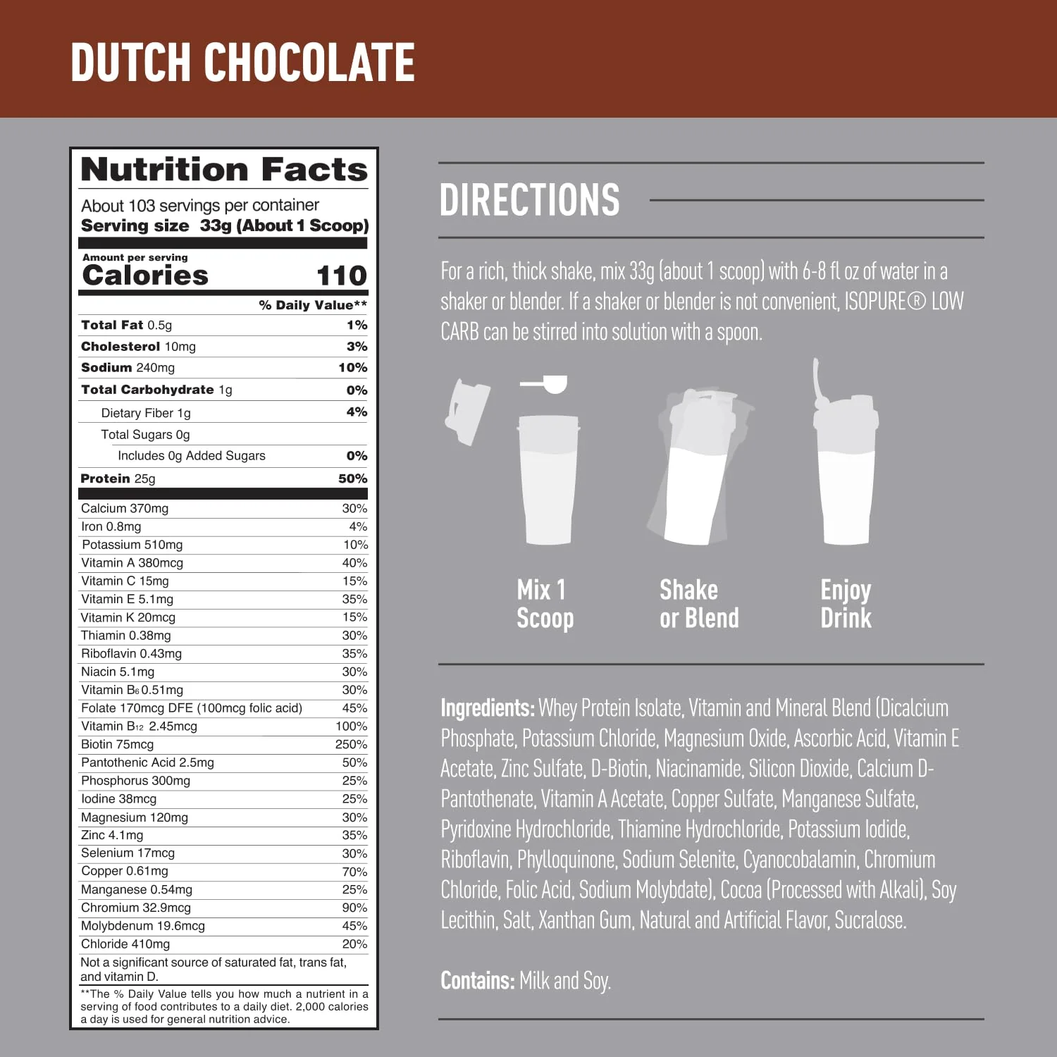 Isopure Low Carb 100% Pure Whey Isolate Protein Powder, Lactose Free, Gluten Free, With Vitamins, Dutch Chocolate, 25g Protein Per Serving, 7.5 Lbs, 103 Servings (Packaging May Vary) - Image 2