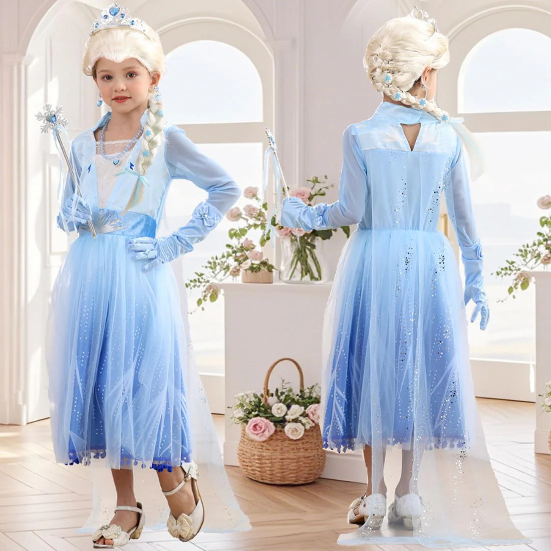 iTVTi Princess Costume for Little Girls Snow Princess Dress Blue Cosplay Outfit Halloween Carnival Party Christmas, 4-5T (Tag 120) - Image 5