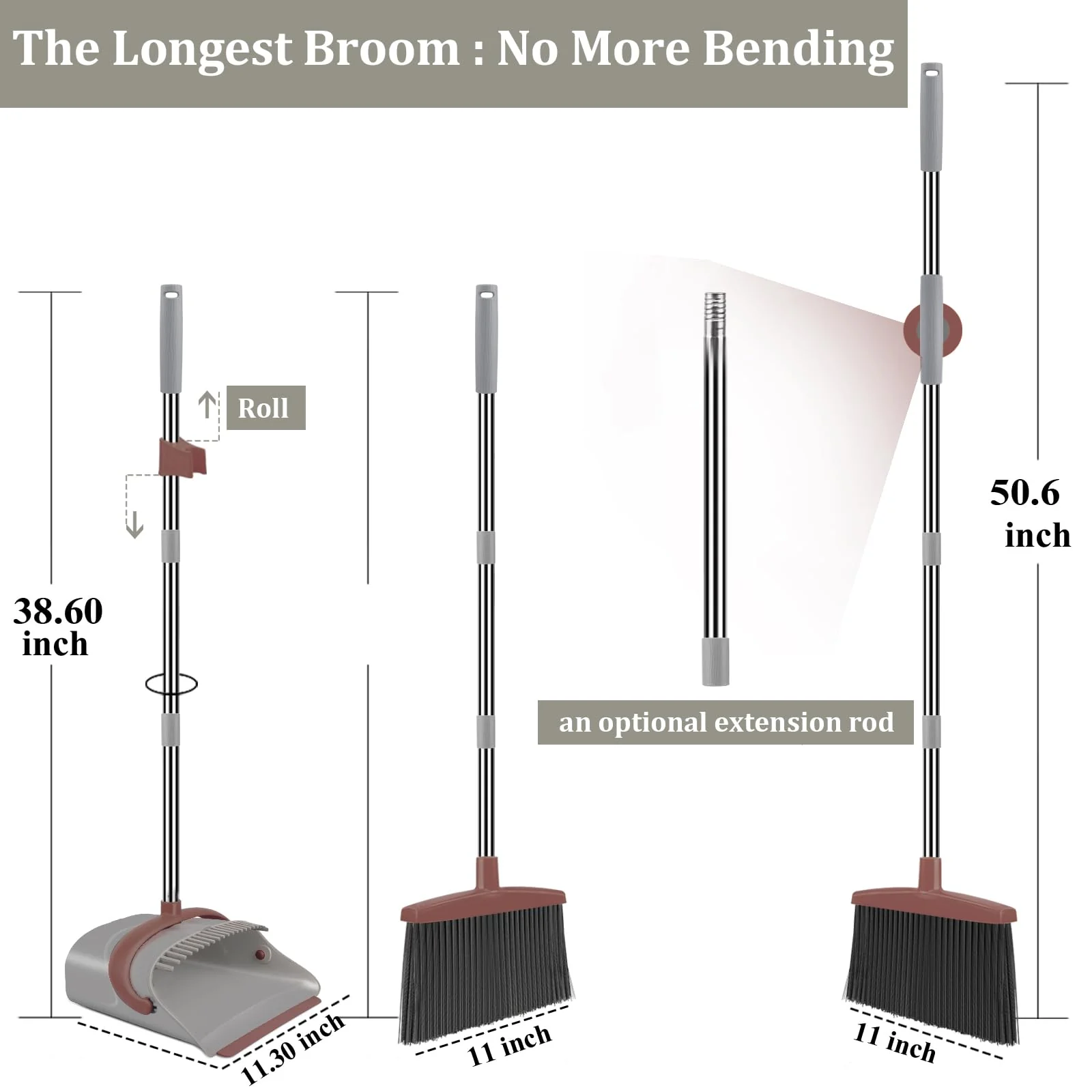 Ivandar Broom with Dustpan Combo Set, 50.6 inch Long Handle, Upright Standing Broom and Dustpan Set Quiet Cleaning Tool Sweep The Floor Dust pan Removes 4 Times More Pet Hair(Brown and Gray) - Image 7