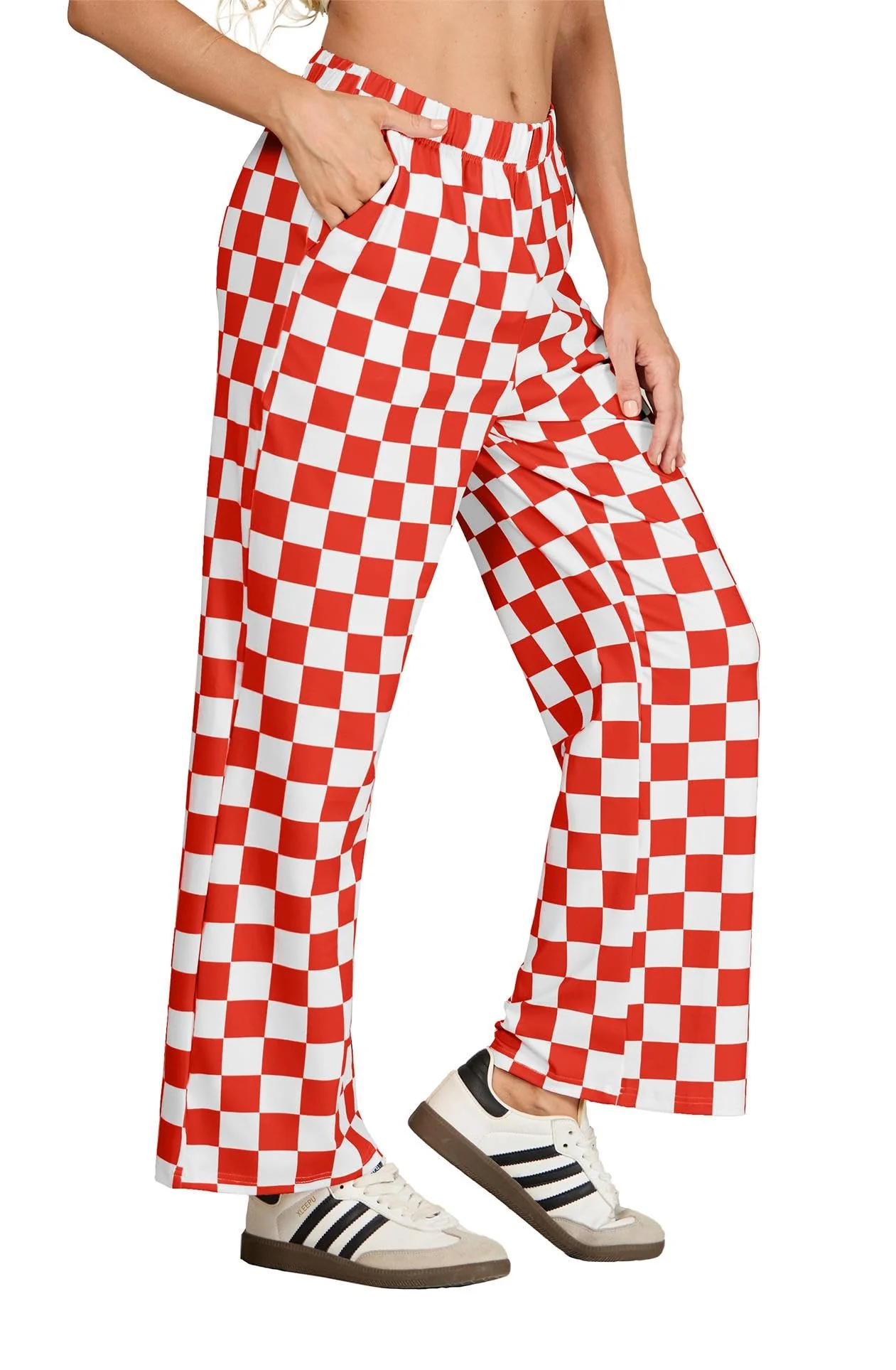 IWOLLENCE Christmas Checkered Pants for Women High Waist Wide Leg Plaid Pajama Pant Teen Girl Y2K Lounge Preppy Trousers Red White, M - Image 3