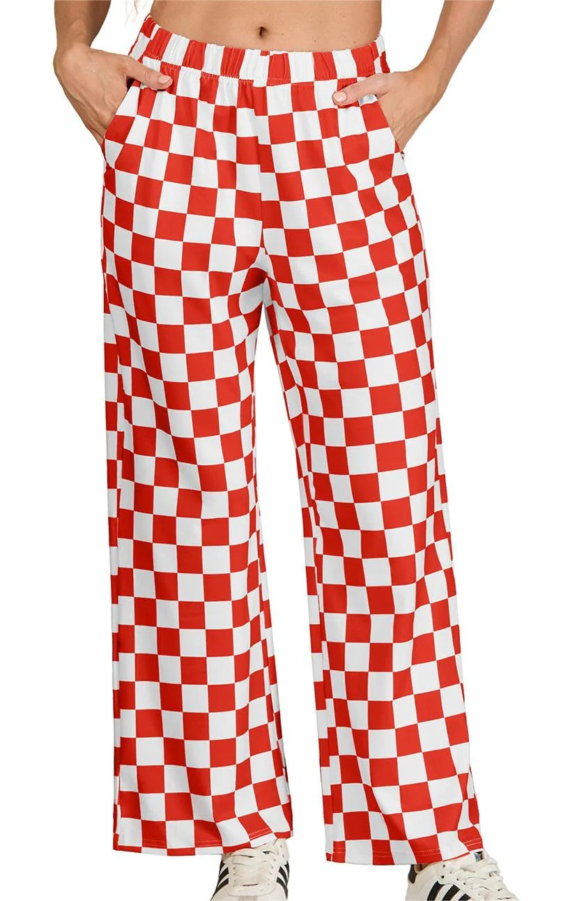 IWOLLENCE Christmas Checkered Pants for Women High Waist Wide Leg Plaid Pajama Pant Teen Girl Y2K Lounge Preppy Trousers Red White, M - Image 5