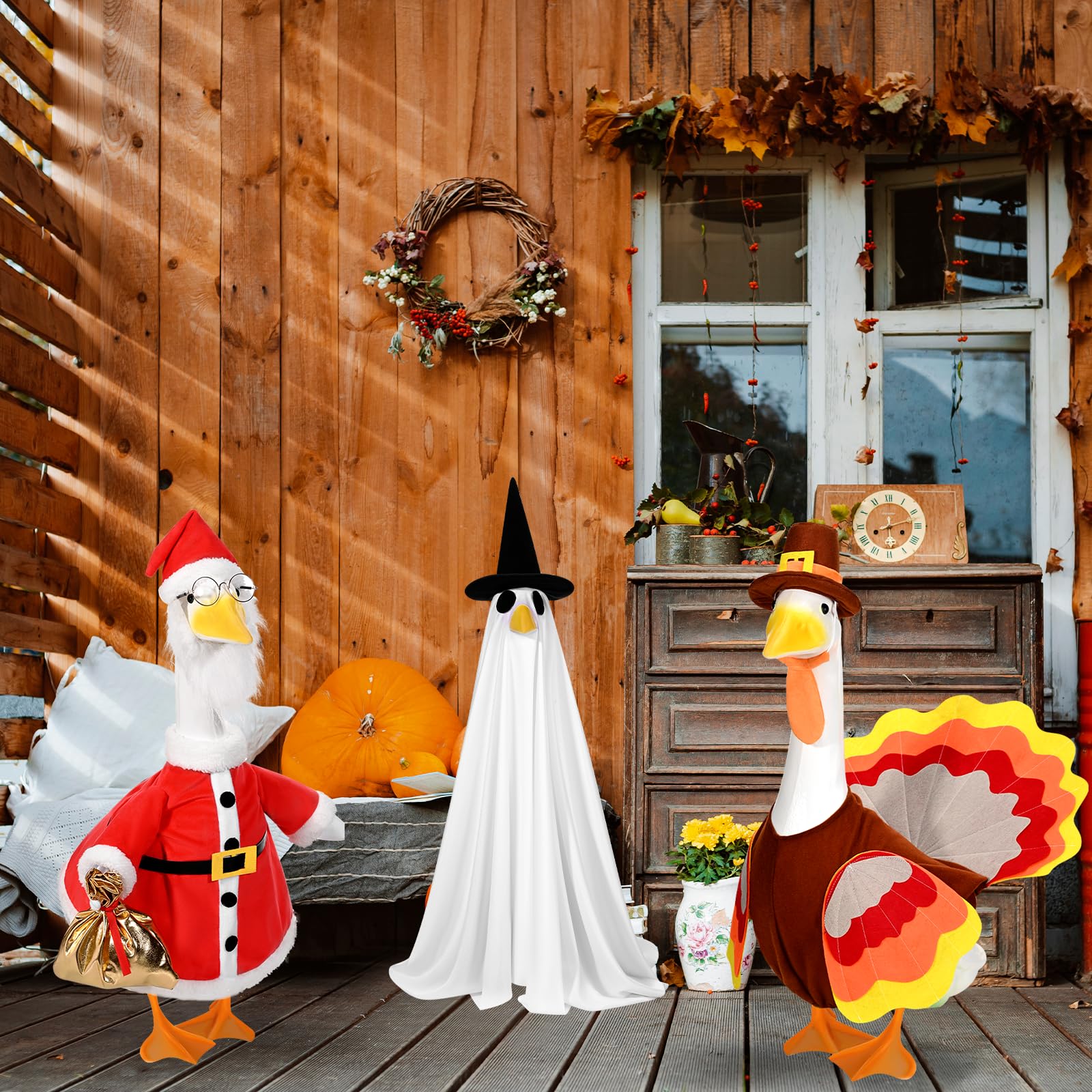 JcHrmers 3 Sets Porch Goose Outfits Halloween Thanksgiving Christmas Goose Outfit Lawn Porch Goose Clothes Fits 23" Cement Plastic Goose Statue for Outdoor Garden Yard Patio Statue Art Decor - Image 4