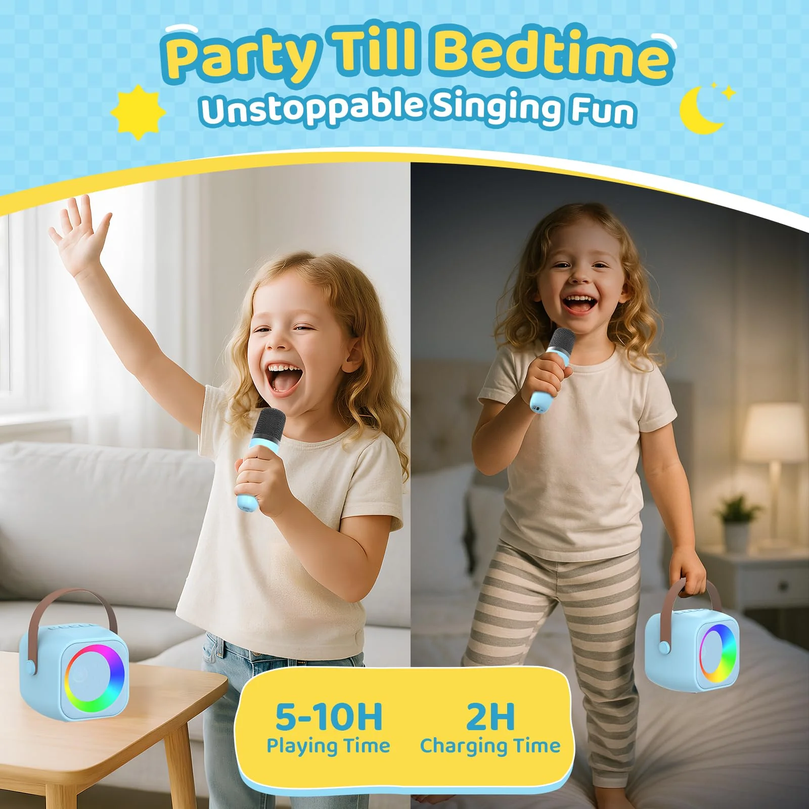 Jeefu Karaoke Machine for Kids, Toys for 3-12 Years Old Girls Gifts, Kids Karaoke Microphone Machine Toy, Best Fun Christmas Birthday Gifts for 5 6 7 8 9 10 11 Years Teens Girl Boys Blue 2 Mic - Image 3