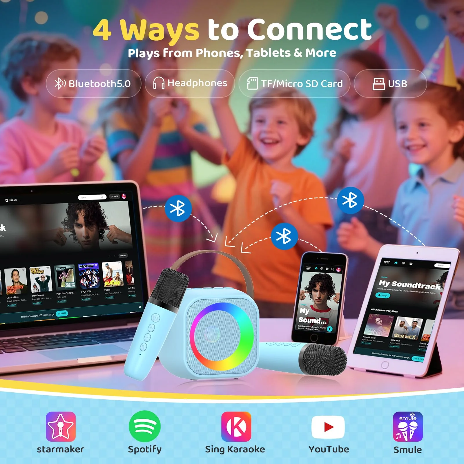 Jeefu Karaoke Machine for Kids, Toys for 3-12 Years Old Girls Gifts, Kids Karaoke Microphone Machine Toy, Best Fun Christmas Birthday Gifts for 5 6 7 8 9 10 11 Years Teens Girl Boys Blue 2 Mic - Image 6