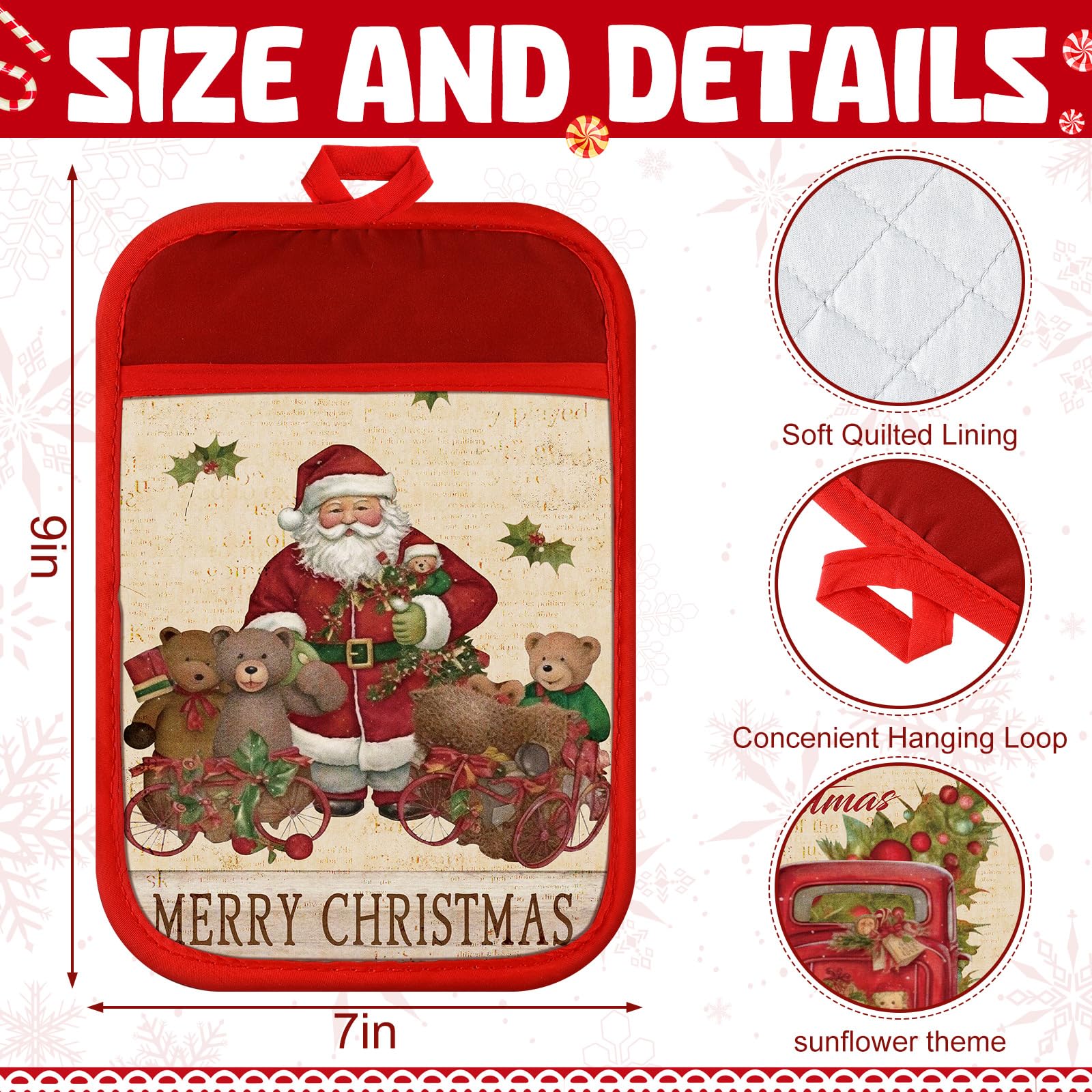 Jingmore 12 Pcs Christmas Pot Holders with Pocket Xmas Retro Pot Holders for Kitchen Winter Hot Pads Oven Mitts Cookie Bag Cute Heat Resistant Farmhouse Oven Gloves Baking Cooking - Image 5