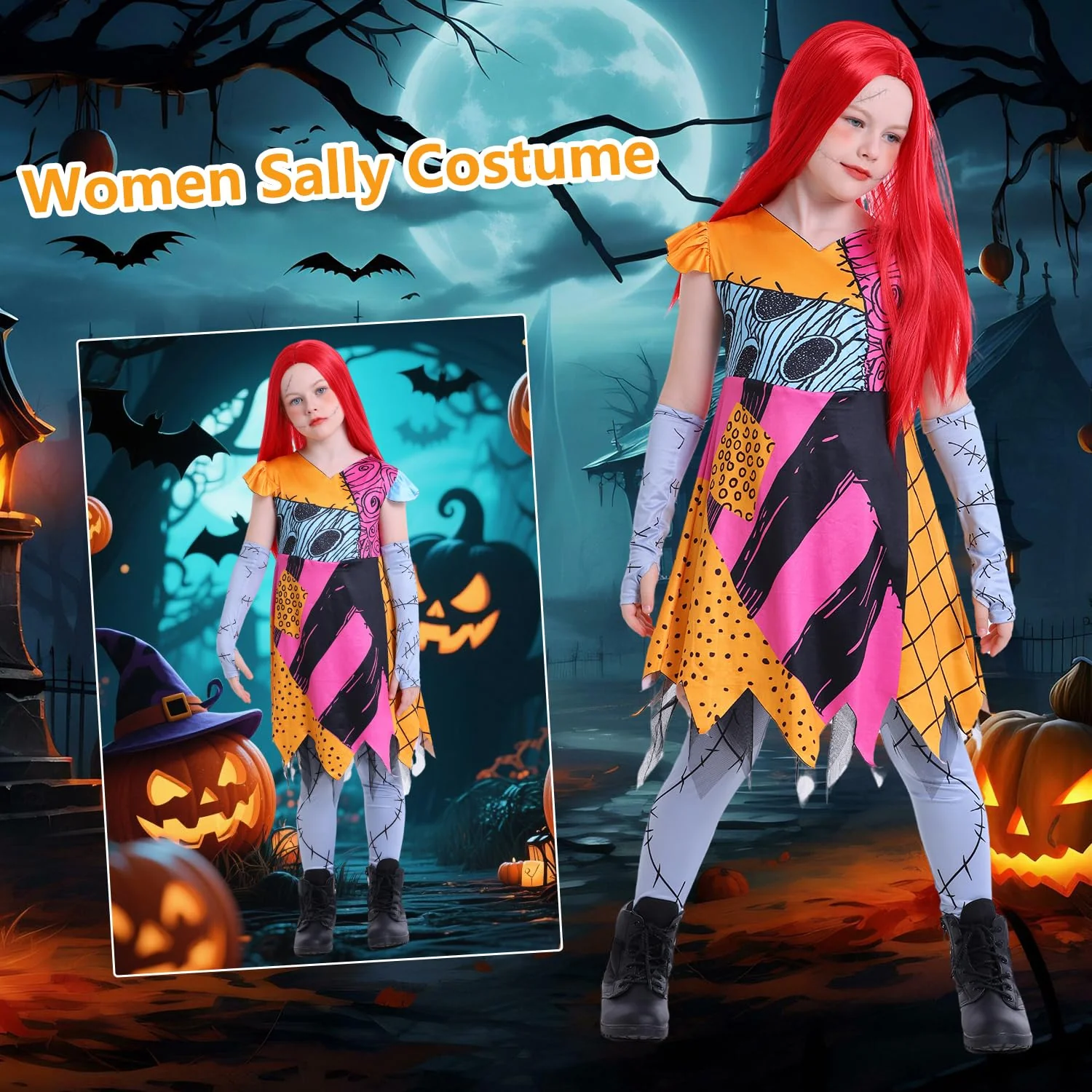 jiobabe Sally Costume Kids Doll Princess Costume Girls Patch Sally Dress Toddler Halloween Costumes Nightmare Cosplay Christmas Dress-up Set with Wig Tattoo Stickers GR044M - Image 4