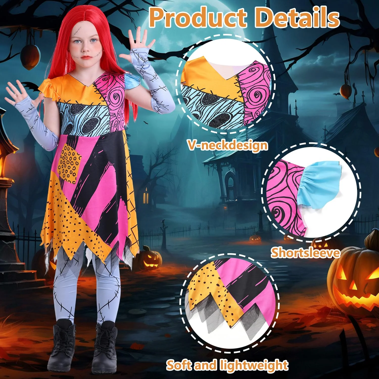 jiobabe Sally Costume Kids Doll Princess Costume Girls Patch Sally Dress Toddler Halloween Costumes Nightmare Cosplay Christmas Dress-up Set with Wig Tattoo Stickers GR044M - Image 5