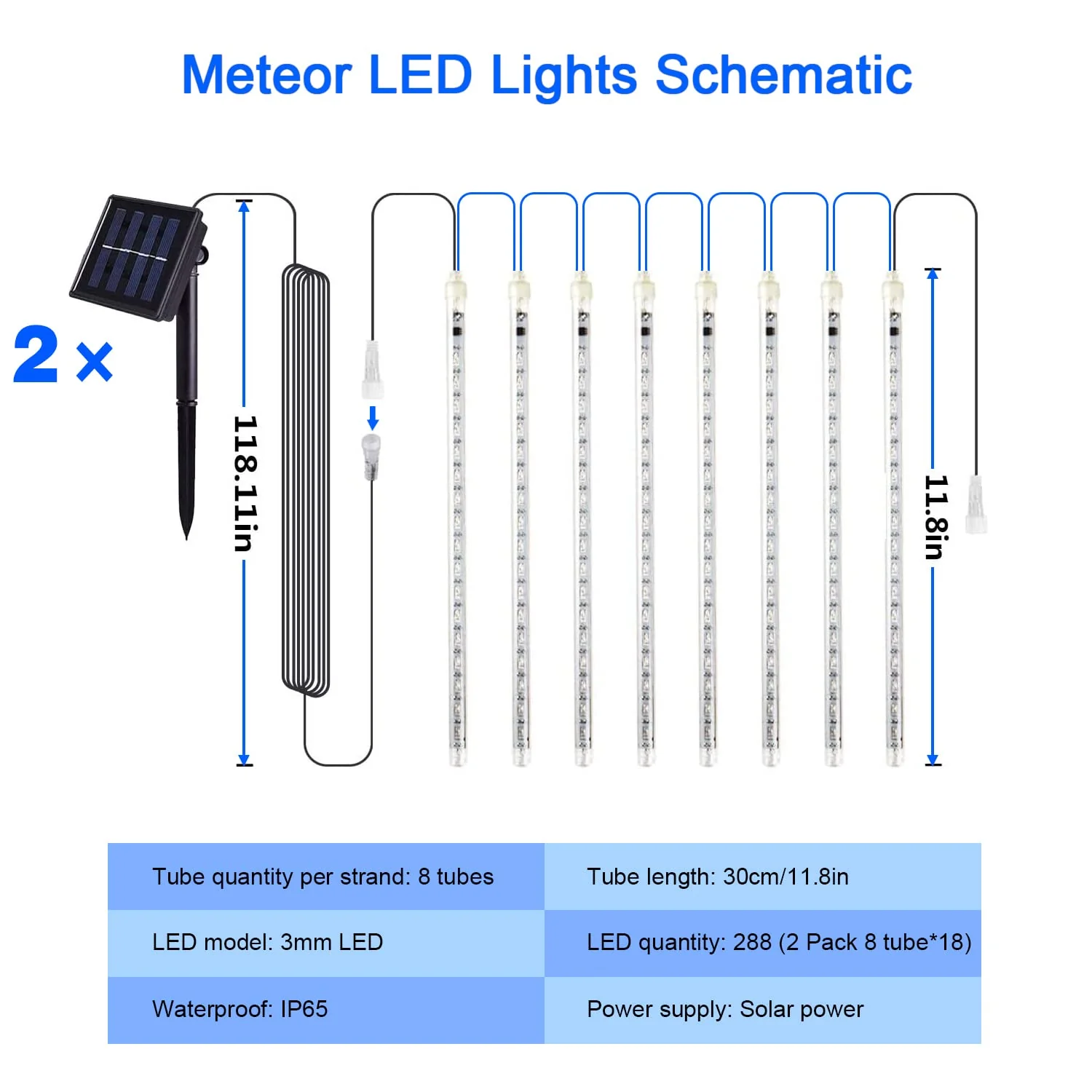 JMEXSUSS 2 Pack Solar Meteor Shower Lights, Blue Meteor Cascading Rain Lights, Waterproof for Tree/Garden Party Christmas Decor - 16 Tubes, 288 LED - Image 4