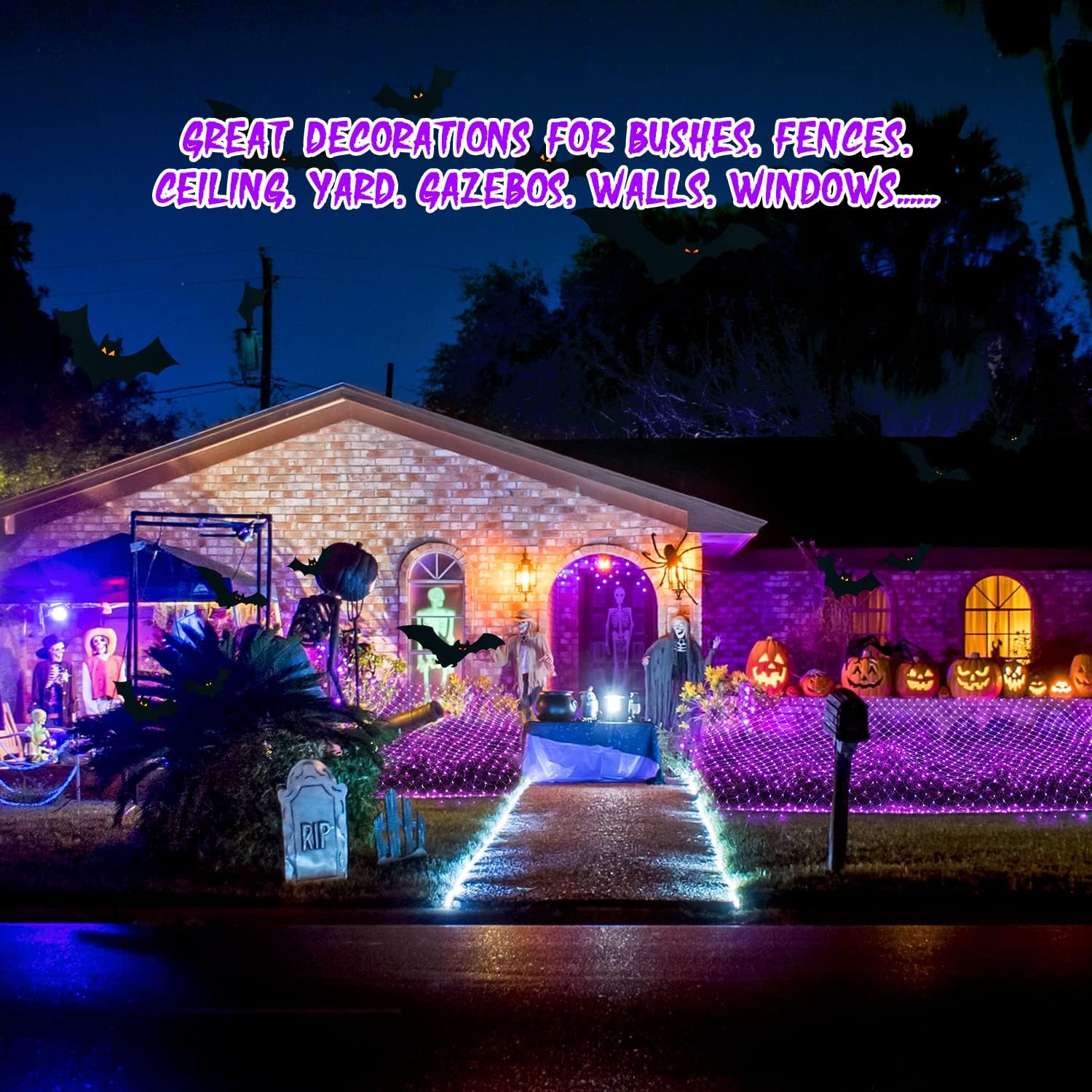 JMEXSUSS 360 LED Purple Halloween Lights - Plug in, Outdoor Waterproof, 12 ft x 5 ft Purple Net Lights with Remote for Halloween & Christmas Bush - Image 4