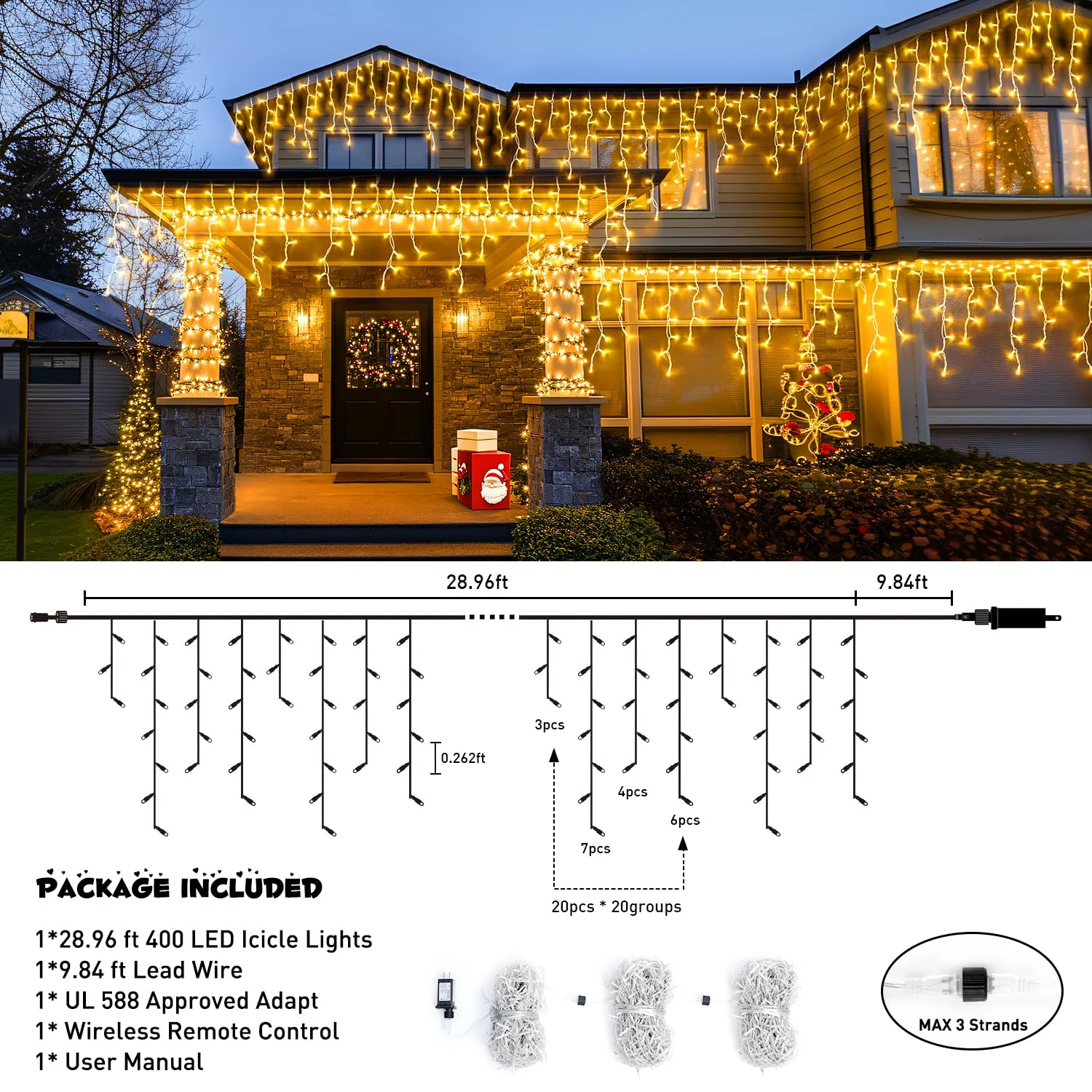 JMEXSUSS 38.8FT Icicle Lights for Outside, 400 LED Icicle Christmas Light Outdoor Indoor Plug in, Warm White String Lights for Christmas House Patio Party Fireplace Holiday Decorations - Image 2