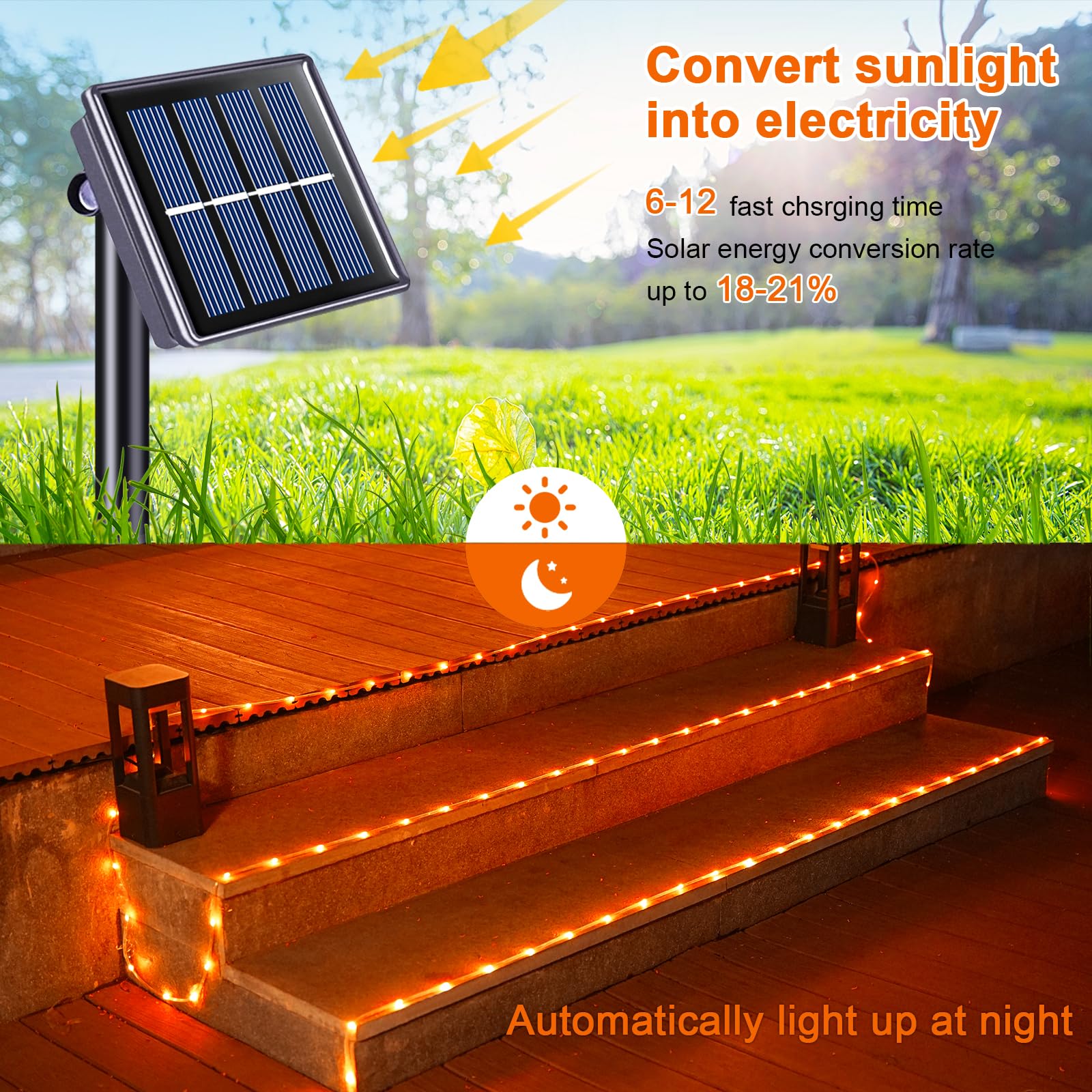 JMEXSUSS Orange Halloween Solar Lights, 66 ft 200 LED Rope Lights Outdoor Waterproof, PVC Tube Orange Christmas String Lights for Halloween Thanksgiving Fall Party Tree Fence Christmas - Image 3