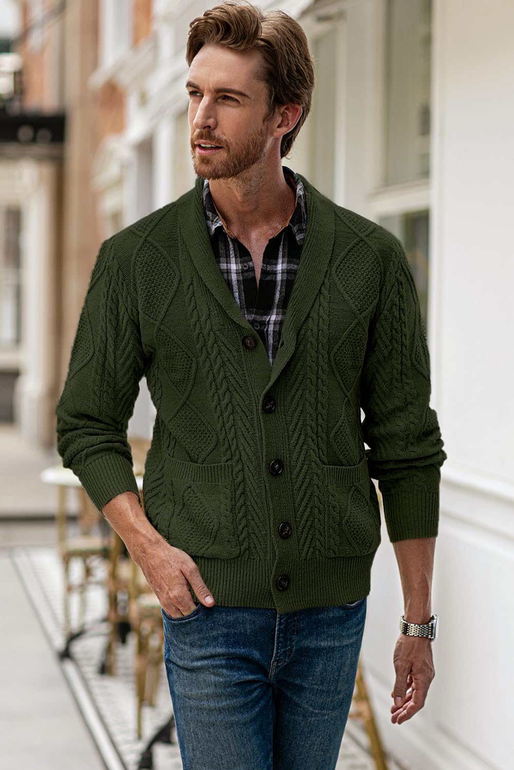 JMIERR Cardigan Sweaters for Men Fall Fashion 2025 Casual Long Sleeve Shawl Collar Button-Down Wool Blend Cable Knit Essentials Fisherman Christmas Sweater with Pockets,L,Green - Image 2