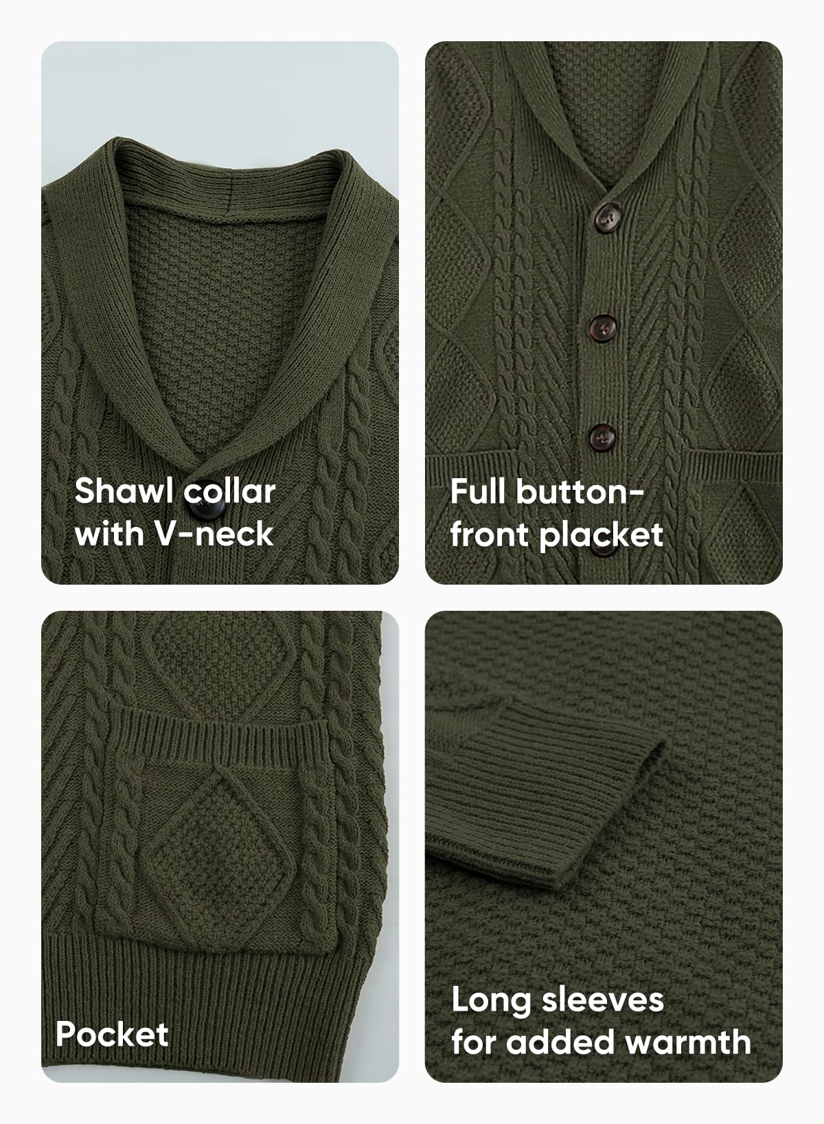 JMIERR Cardigan Sweaters for Men Fall Fashion 2025 Casual Long Sleeve Shawl Collar Button-Down Wool Blend Cable Knit Essentials Fisherman Christmas Sweater with Pockets,L,Green - Image 5