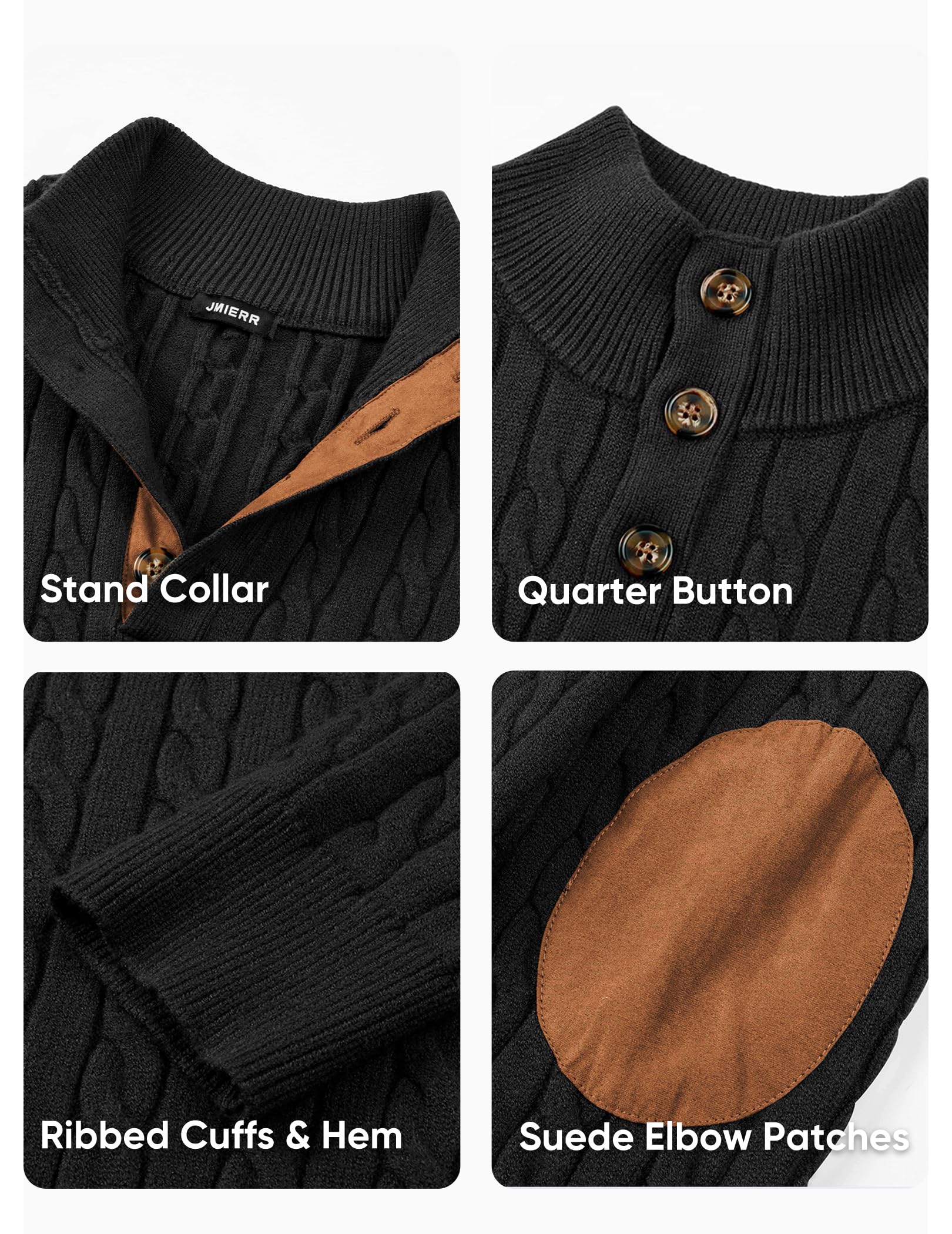 JMIERR Men's Cable Knit Slim Fit Casual Long Sleeve Essentials Soft Touch Button Stand Collar Wool Christmas Sweaters, M, Black - Image 2