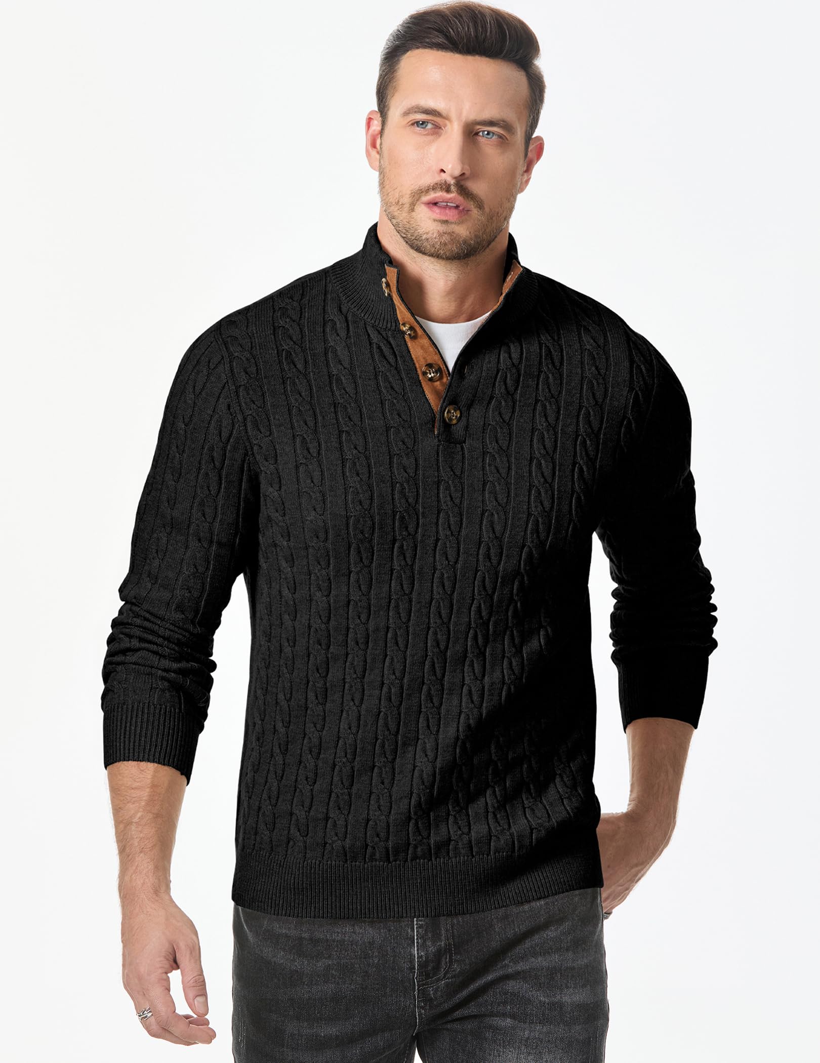 JMIERR Men's Cable Knit Slim Fit Casual Long Sleeve Essentials Soft Touch Button Stand Collar Wool Christmas Sweaters, M, Black - Image 5