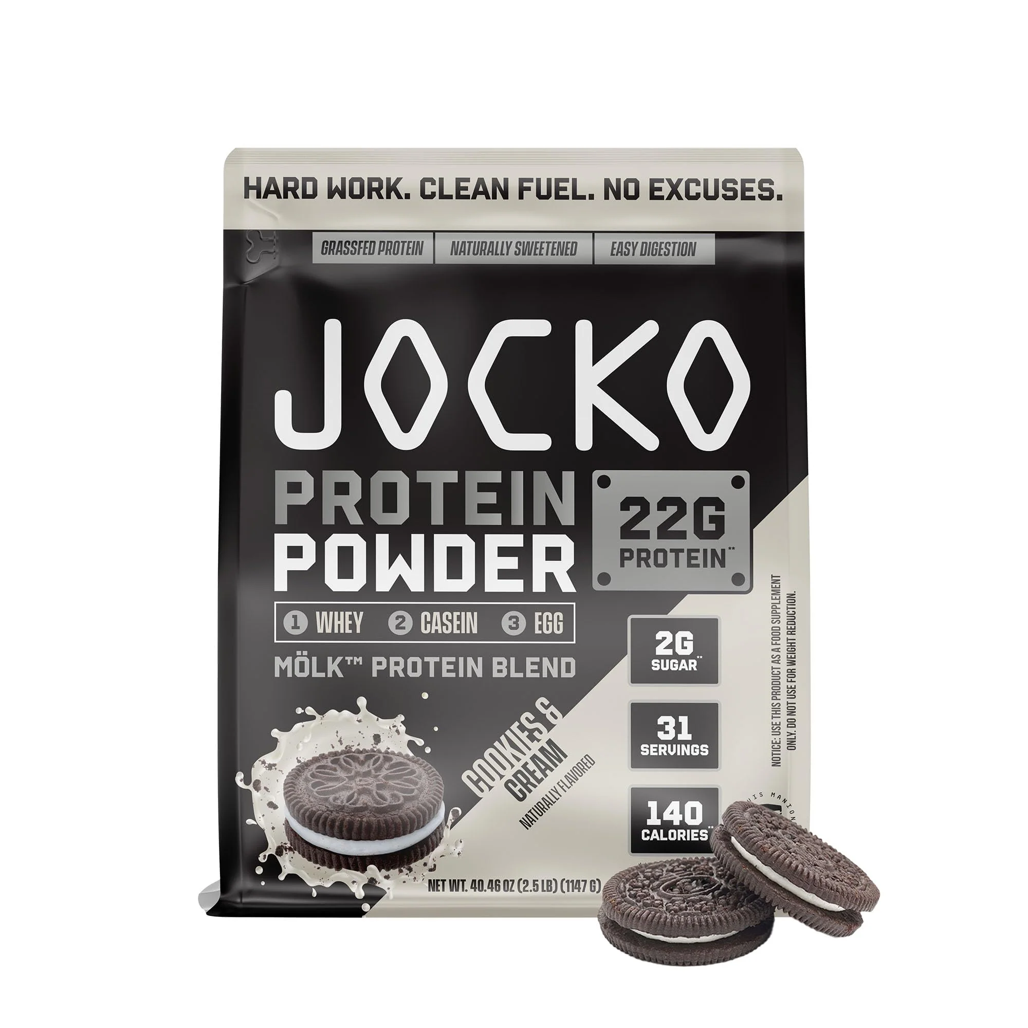 Jocko Fuel Mölk Whey Protein Powder - Keto, Probiotics, Digestive Enzymes, Amino Acids, Low Sugar Monk Fruit Blend - Supports Muscle Recovery & Growth (2.5 LB, Cookies & Cream)