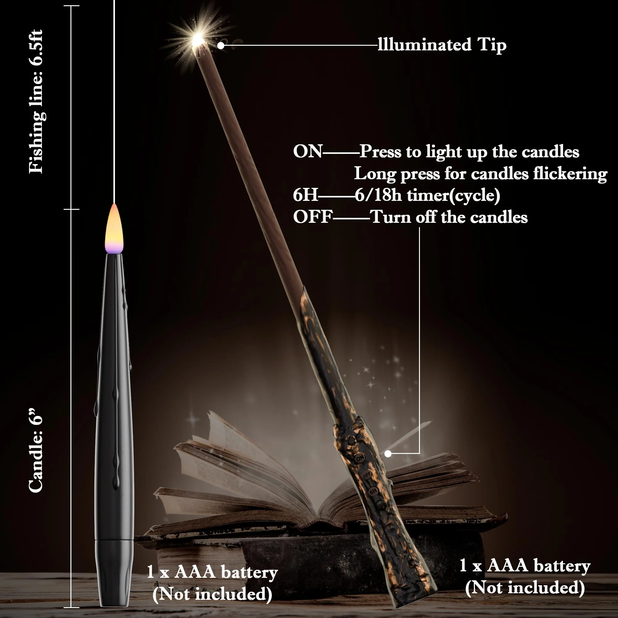 JOIONE Floating Candles with Wand, 12 Pack Flameless Candles Magic Hanging Taper Candles with Wand Remote, Battery Operated Candles for Halloween Christmas Birthday Party Decor Black - Image 5