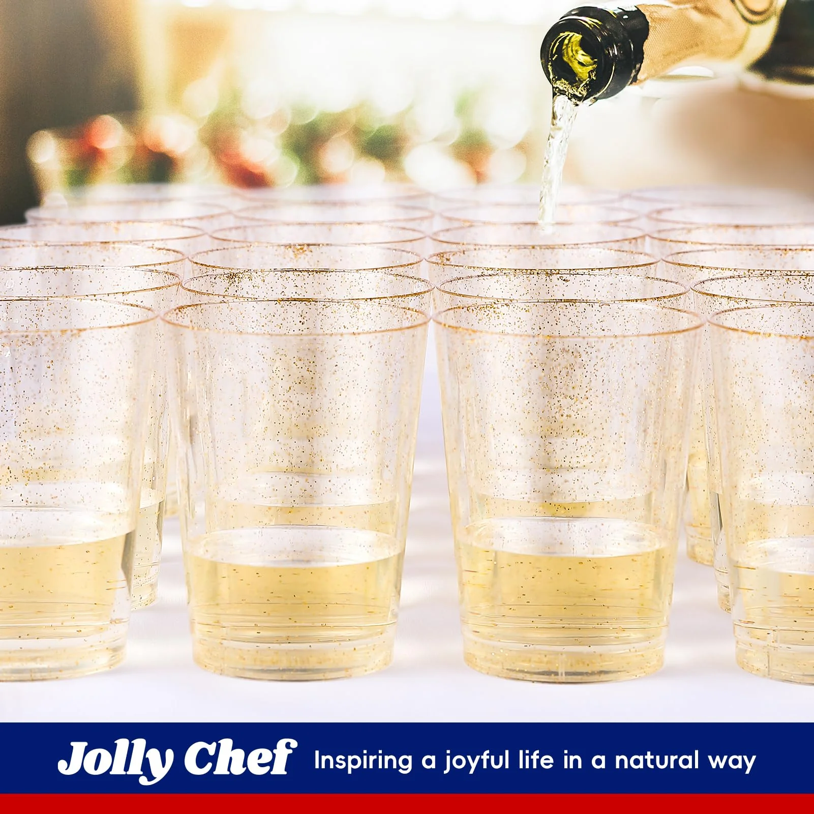 JOLLY CHEF 100 Pack 9 oz Gold Plastic Cups, Disposable Gold Glitter Plastic Cups Perfect for Wedding Thanksgiving, Christmas Party Cups - Image 4