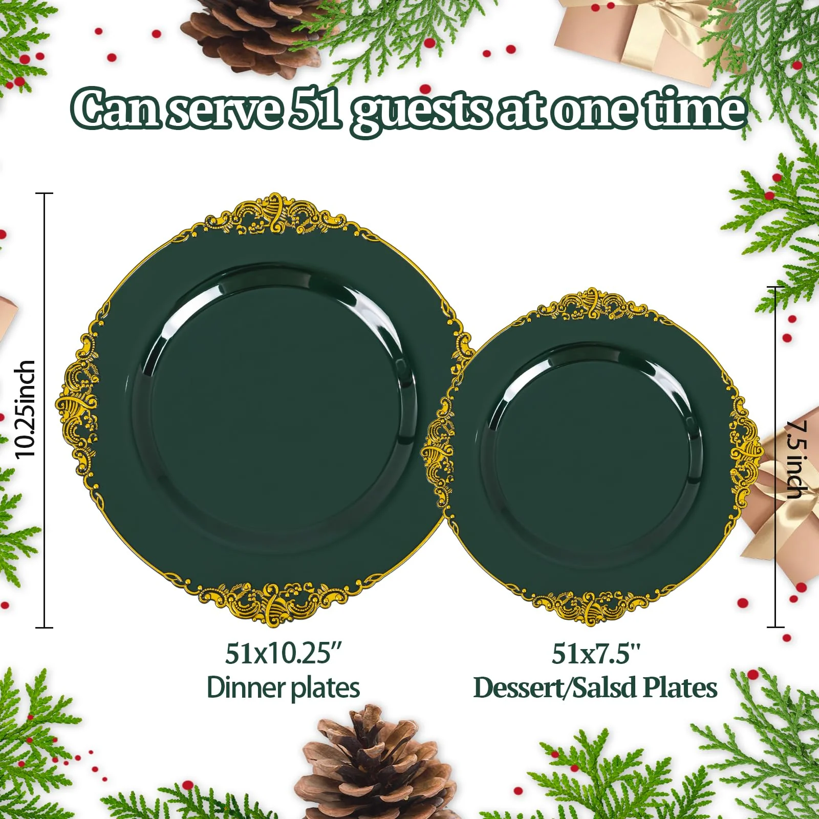 Joyido 102PCS Green and Gold Plates - Green Plastic Plate - Fancy Heavy Duty Disposable Plates - Heavyweight Disposable Dinner & Dessert Plate for 51 Guests for Party & Christmas - Image 8