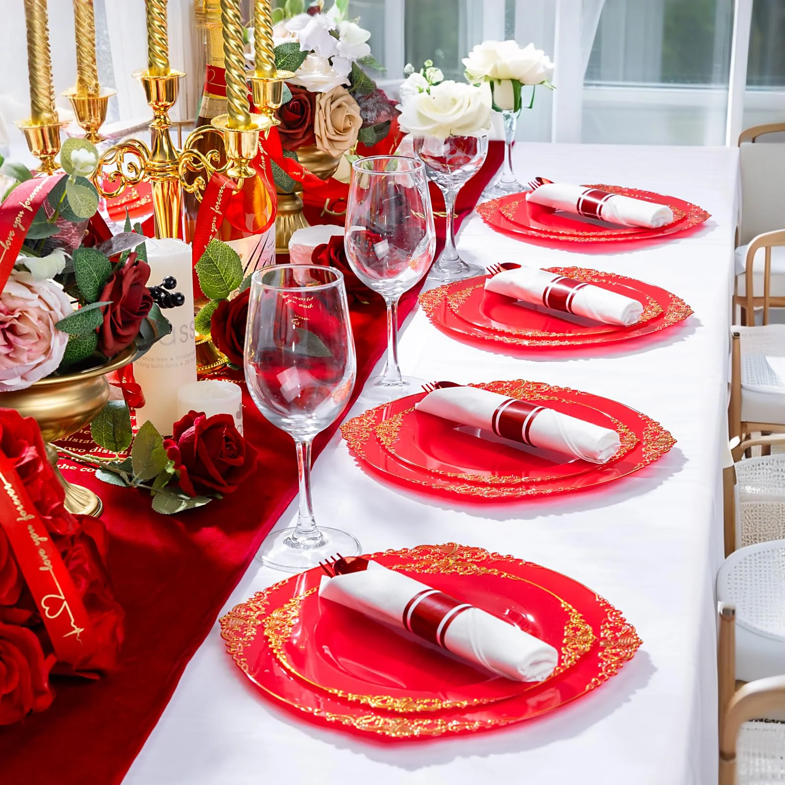Joyido 400PCS Pre Rolled Red Plastic Silverware Sets - Heavy Duty Red Cutlery - Include 100 Pack Wrapped Disposable Utensils with Napkins for Christmas Parties & Dinners & Weddings - Image 4