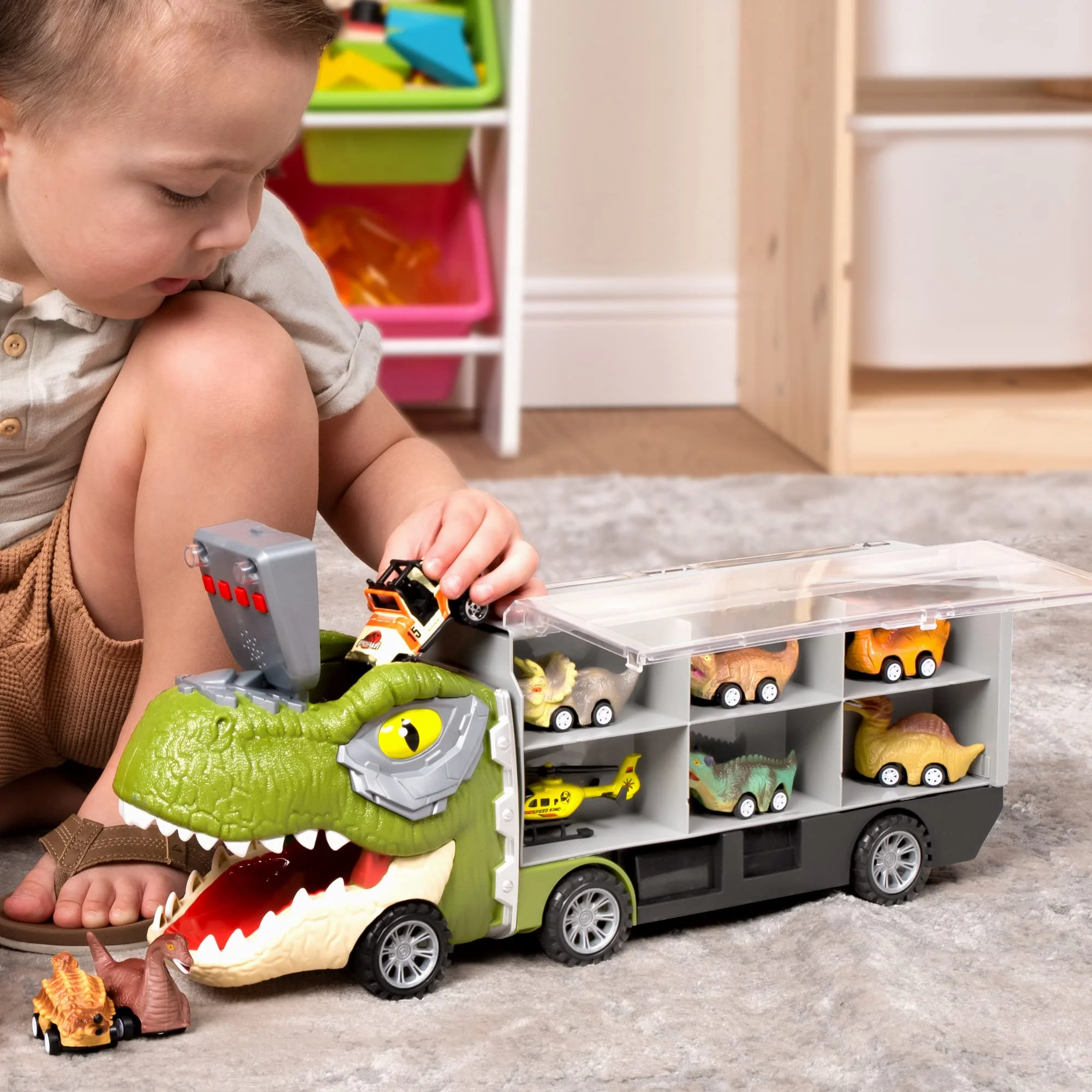 JOYIN 13 in 1 Dinosaur Toys for Kids 3-5, Dinosaur Truck with 12 Pull Back Cars, Birthday Gifts Toys for 3 4 5+ Year Old Boy, Transport Carrier Truck for Toddlers, Christmas Great Gifts for Grandkids - Image 2