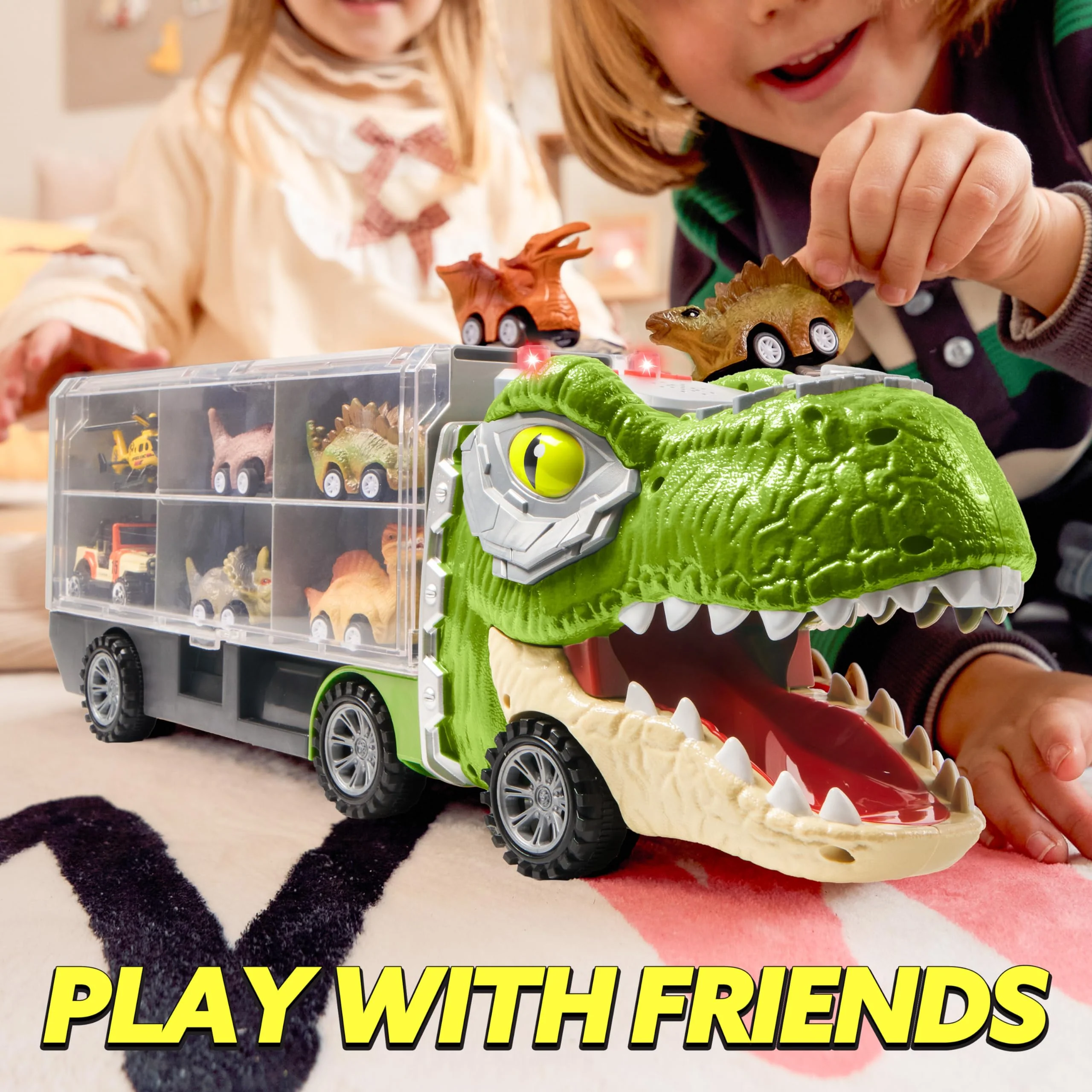 JOYIN 13 in 1 Dinosaur Toys for Kids 3-5, Dinosaur Truck with 12 Pull Back Cars, Birthday Gifts Toys for 3 4 5+ Year Old Boy, Transport Carrier Truck for Toddlers, Christmas Great Gifts for Grandkids - Image 4