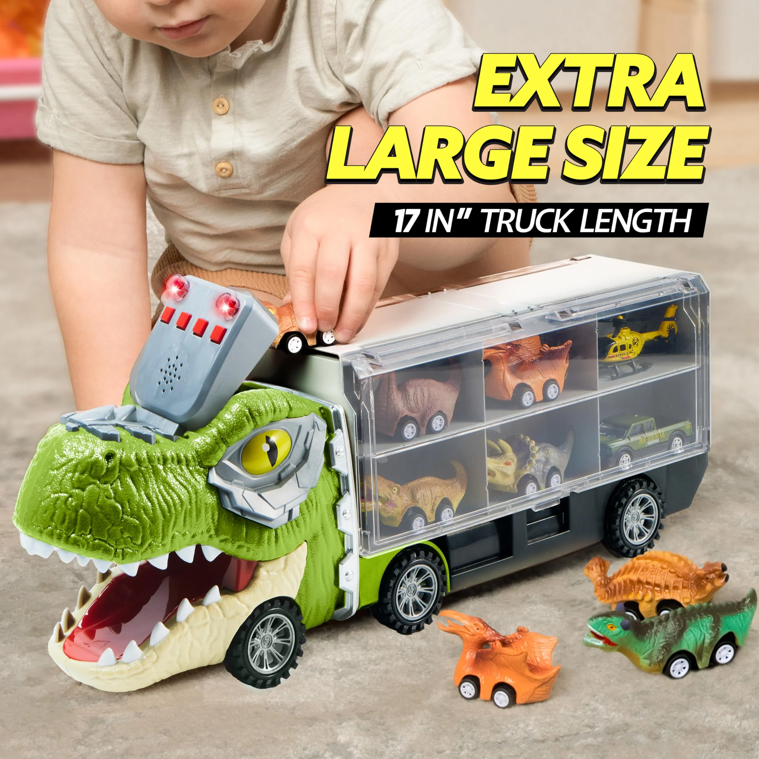 JOYIN 13 in 1 Dinosaur Toys for Kids 3-5, Dinosaur Truck with 12 Pull Back Cars, Birthday Gifts Toys for 3 4 5+ Year Old Boy, Transport Carrier Truck for Toddlers, Christmas Great Gifts for Grandkids - Image 5