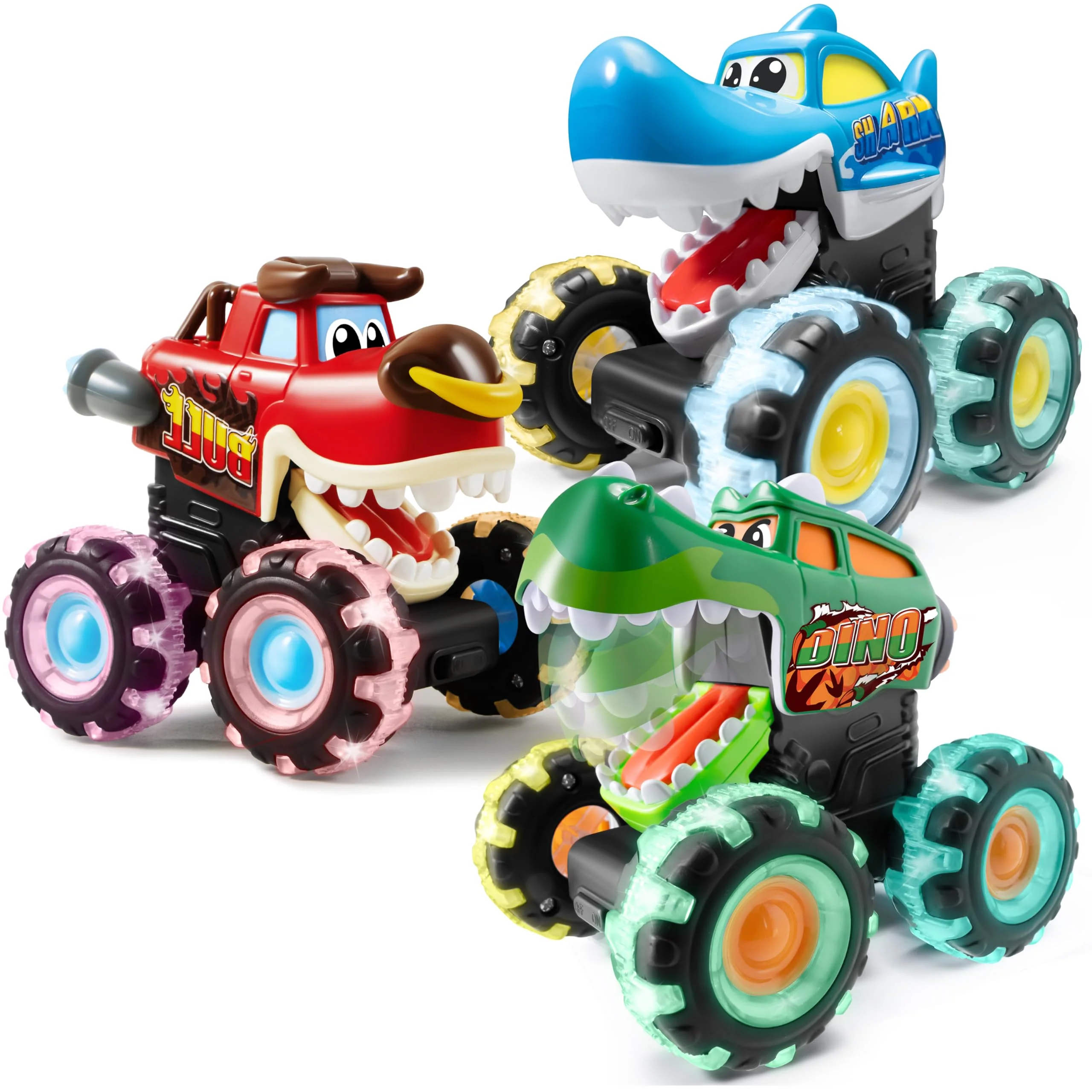 JOYIN 3 Pack Monster Truck Toy - Motion Activated Light-Up Cars for Toddlers - Monster Treads Lightning Wheels - Baby Toy Trucks - Press & Go Cars for Kids Boys Birthday Gifts for Christmas - Image 2