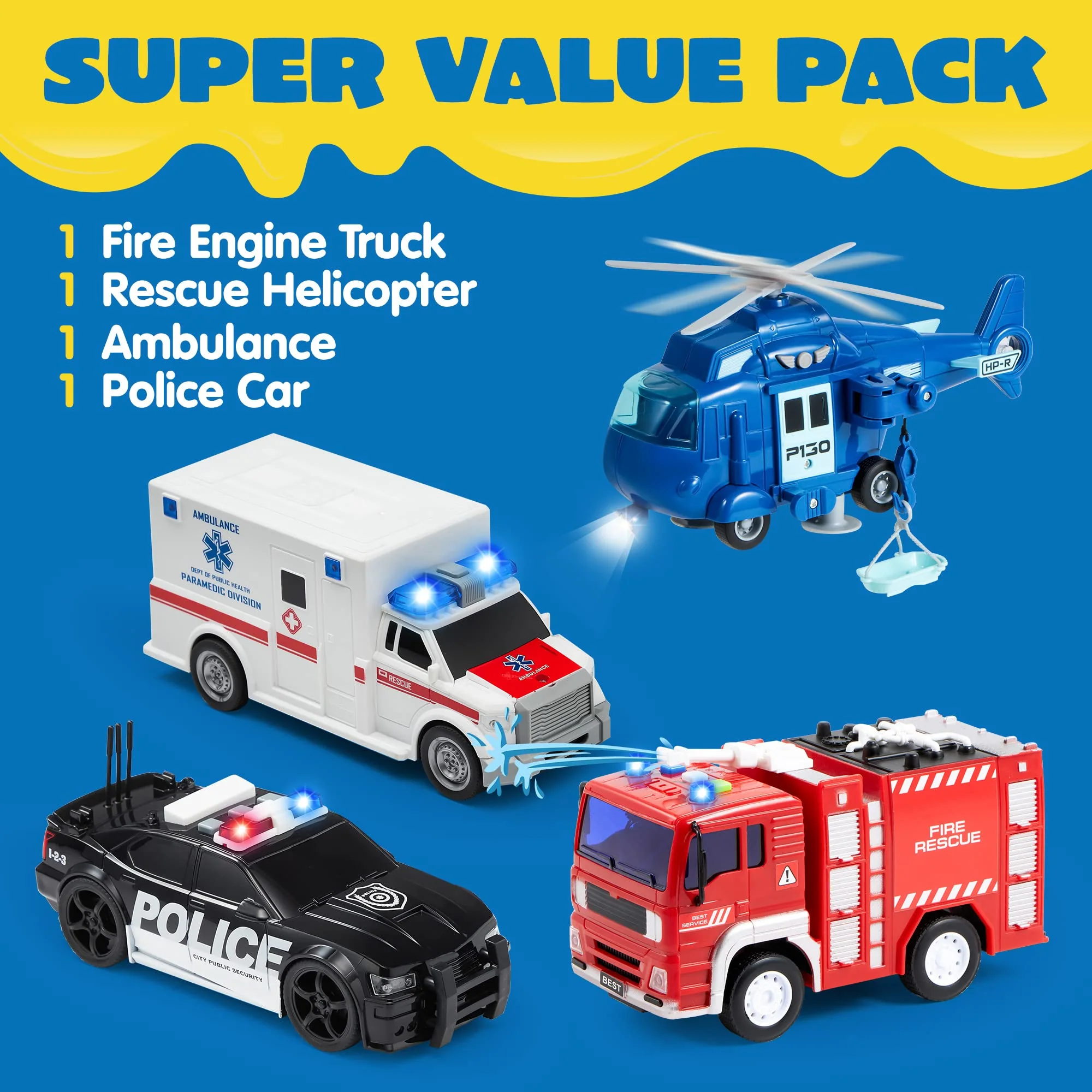 JOYIN 4 Packs Emergency Vehicle Toy Playsets, Friction Powered Vehicles with Light and Sound, Including Fire Truck, Ambulance, Play Police Car and Helicopter, Christmas Toddler Kids Boys Gifts - Image 8