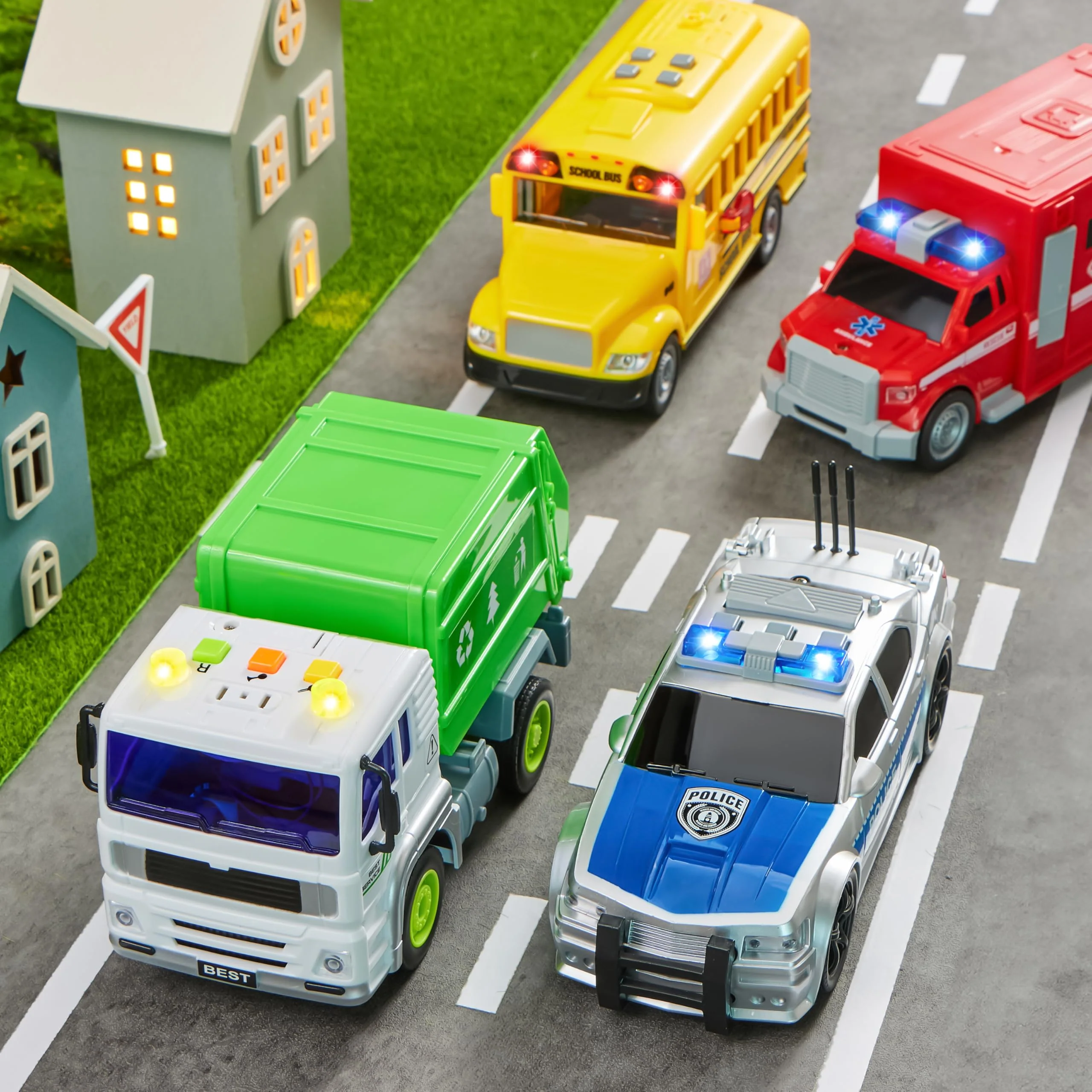 JOYIN 4 Pcs 7" Long Vehicle Toy Set, Toddlers Cars with Lights and Siren Sound, Including Play Police Car, School Bus, Garbage Truck, Ambulance, Birthday Christmas Party Gifts Toys for Boys 3-5 - Image 2