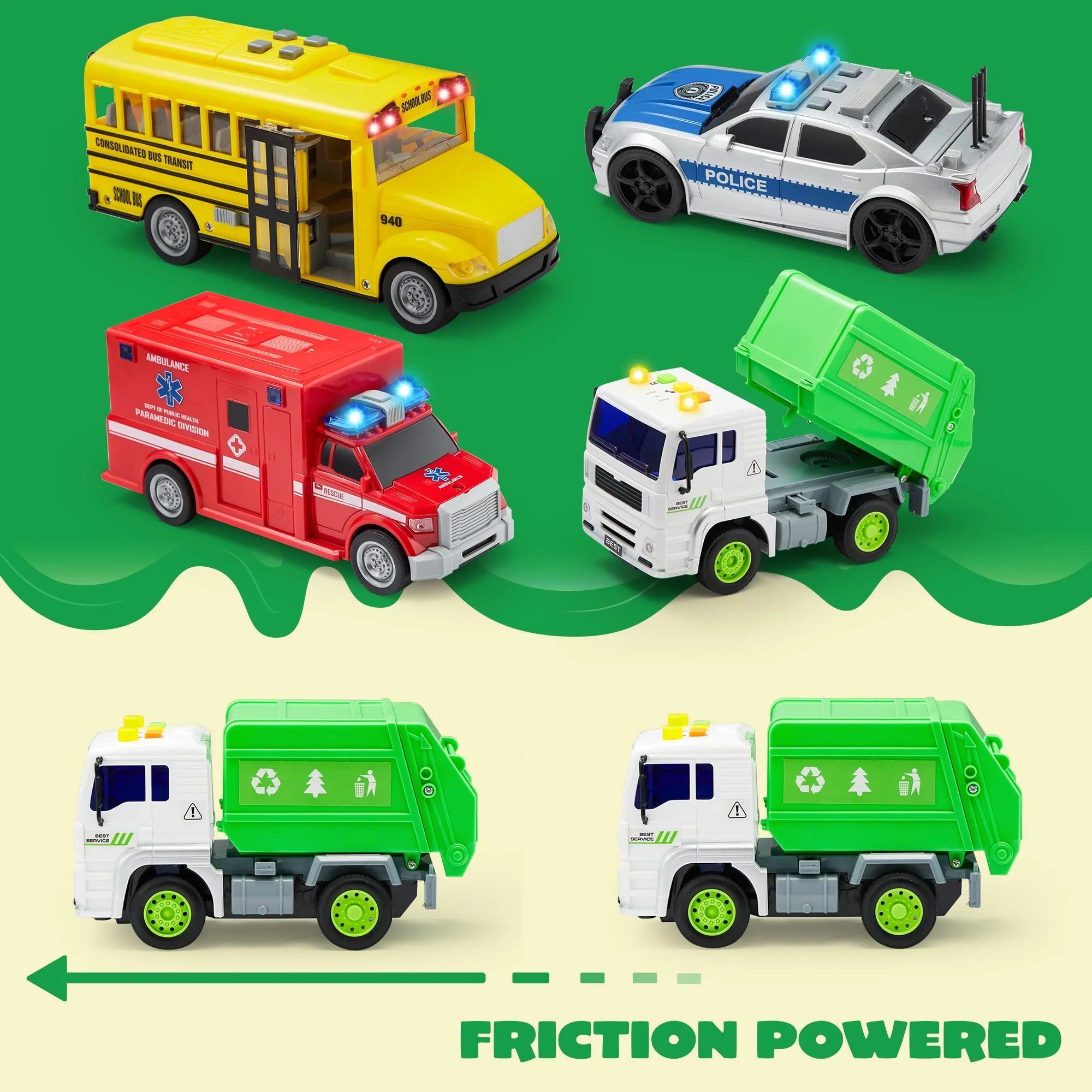 JOYIN 4 Pcs 7" Long Vehicle Toy Set, Toddlers Cars with Lights and Siren Sound, Including Play Police Car, School Bus, Garbage Truck, Ambulance, Birthday Christmas Party Gifts Toys for Boys 3-5 - Image 3