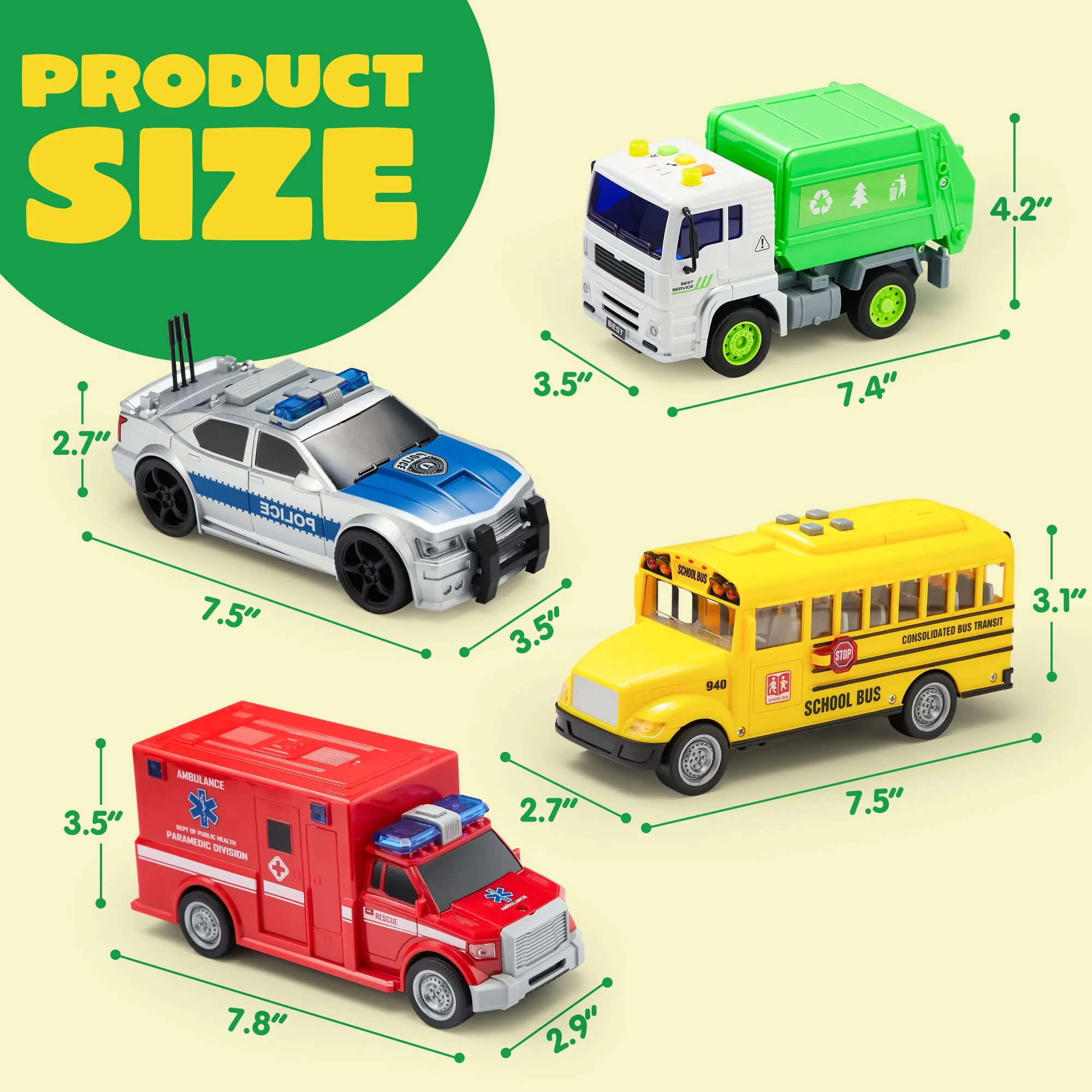 JOYIN 4 Pcs 7" Long Vehicle Toy Set, Toddlers Cars with Lights and Siren Sound, Including Play Police Car, School Bus, Garbage Truck, Ambulance, Birthday Christmas Party Gifts Toys for Boys 3-5 - Image 4