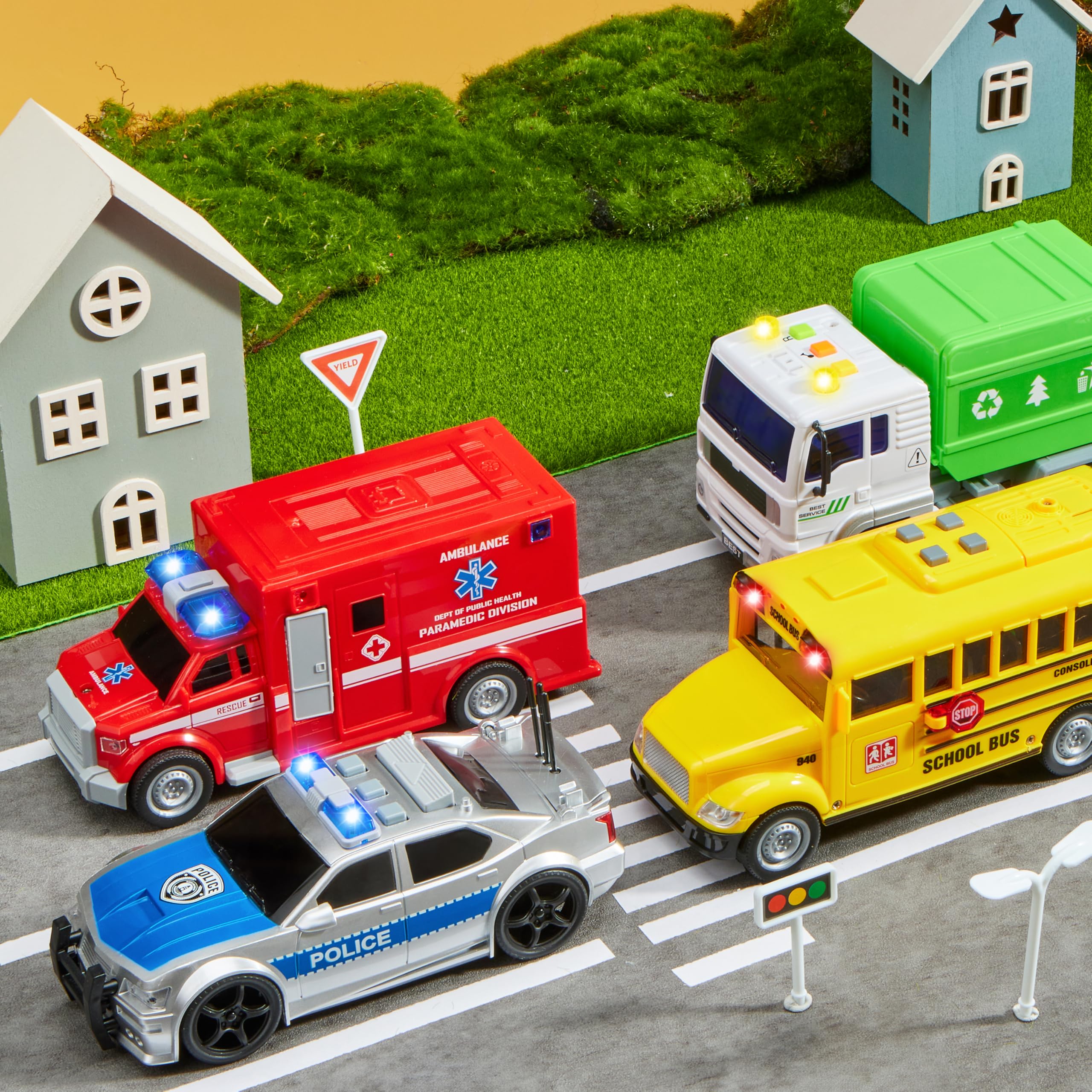 JOYIN 4 Pcs 7" Long Vehicle Toy Set, Toddlers Cars with Lights and Siren Sound, Including Play Police Car, School Bus, Garbage Truck, Ambulance, Birthday Christmas Party Gifts Toys for Boys 3-5 - Image 9