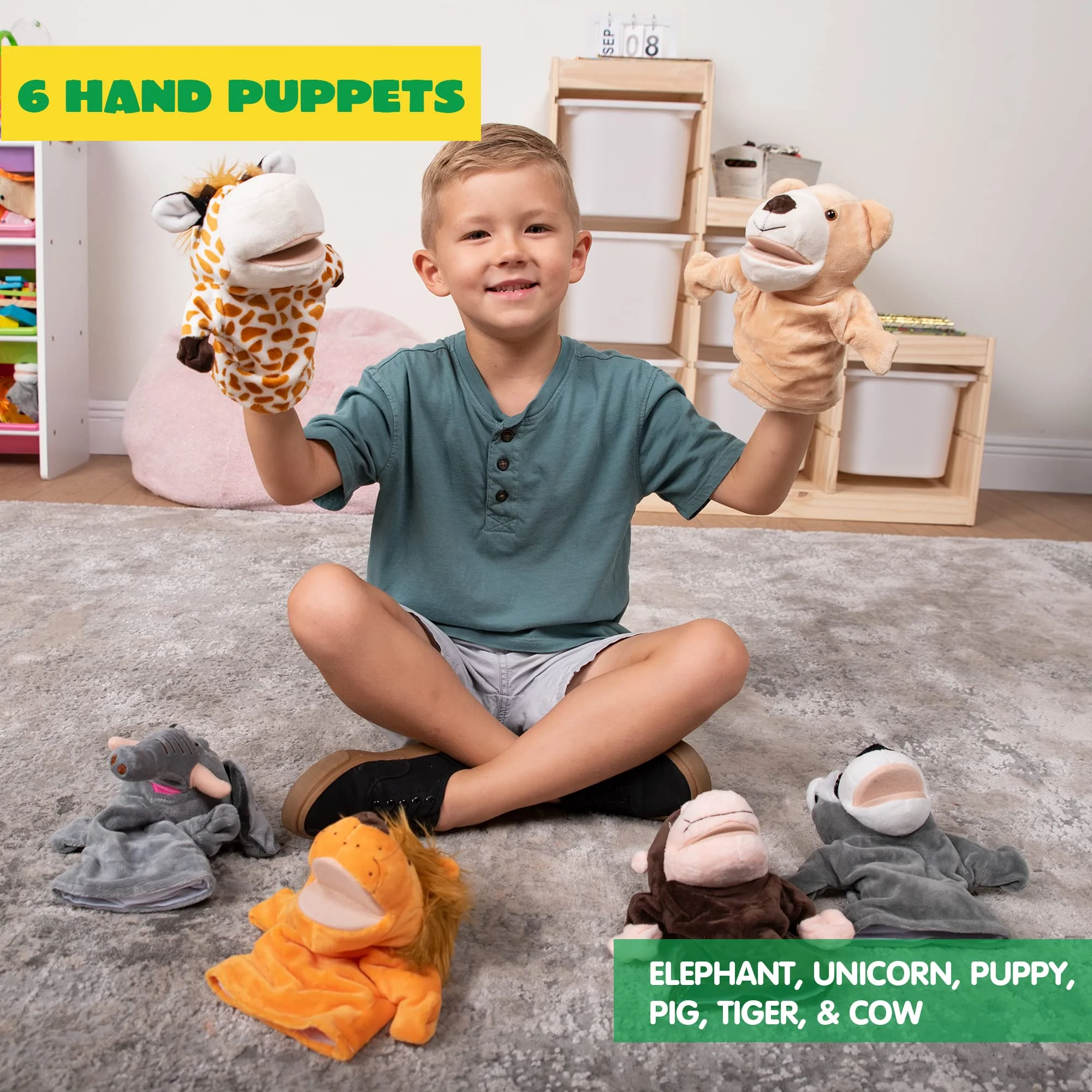 JOYIN 6Pcs Kids Hand Puppet Set with Working Mouth, Toddler Animal Plush Toy Includes Elephant, Giraffe, Lion, Bear, Raccoon and Monkey for Show Theater, Christmas Birthday Gifts for Kid Age 3+ - Image 7
