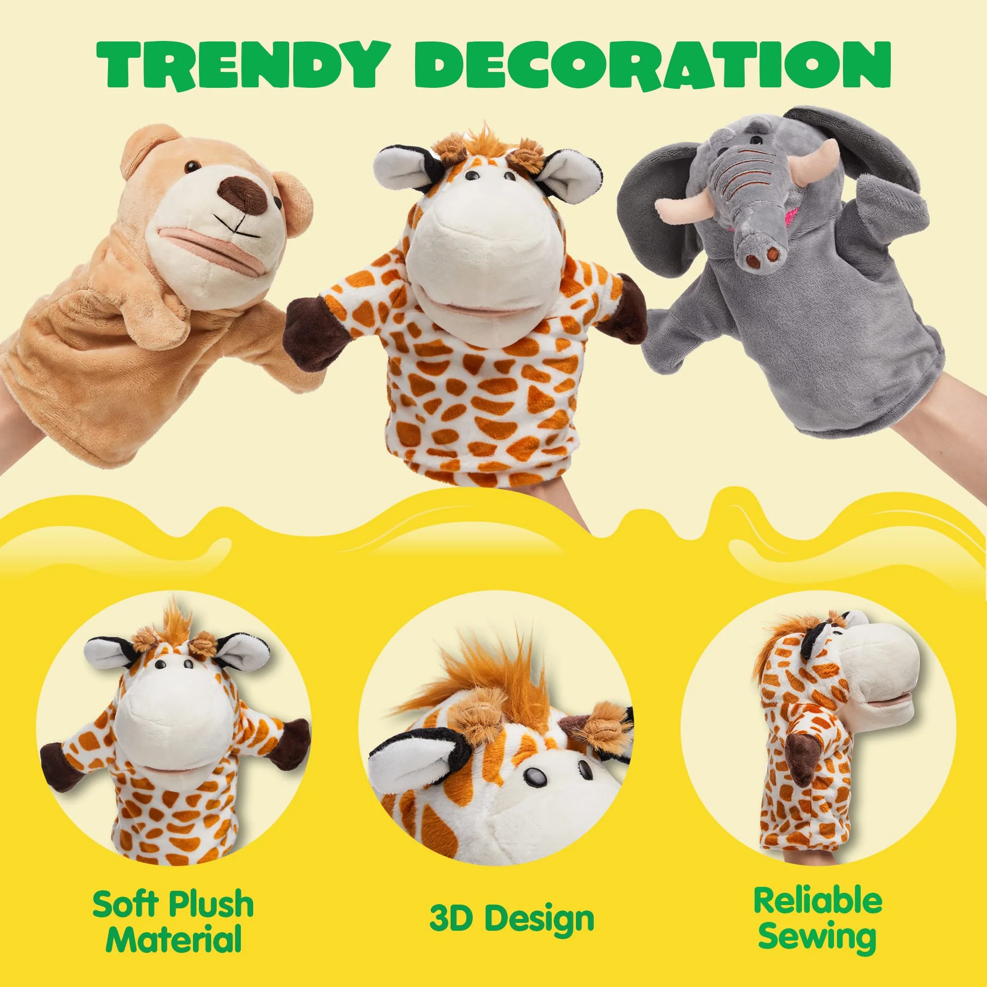 JOYIN 6Pcs Kids Hand Puppet Set with Working Mouth, Toddler Animal Plush Toy Includes Elephant, Giraffe, Lion, Bear, Raccoon and Monkey for Show Theater, Christmas Birthday Gifts for Kid Age 3+ - Image 9
