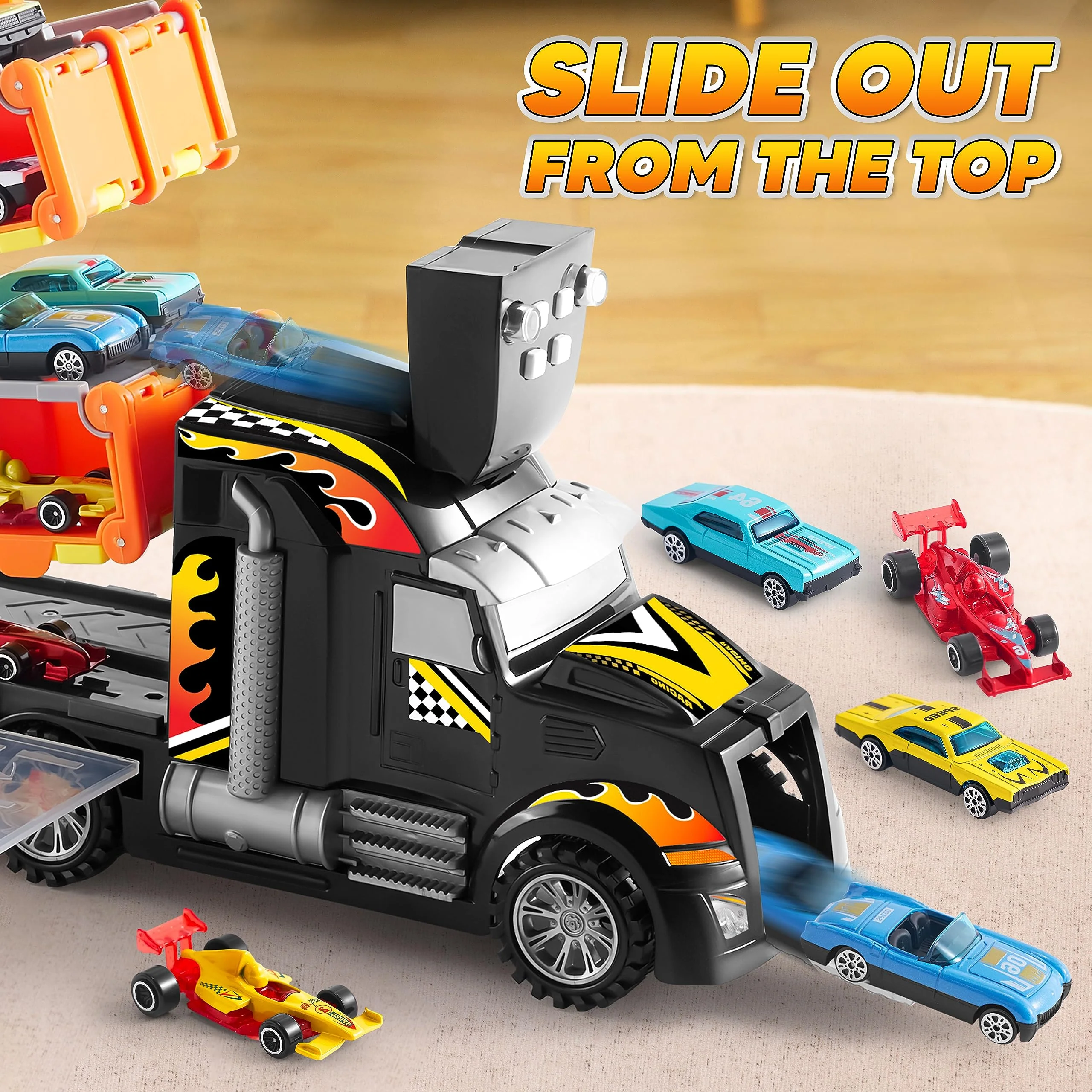 JOYIN Toy Truck for Kids, Race Toy Cars, 60" Extra Long Race Track and 12 Die-Cast Metal Cars, Toddler Carrier Truck with Lights & Sounds, Christmas Birthday Gifts for 2 3 4 5 6 7 Years Old Grandkids - Image 3