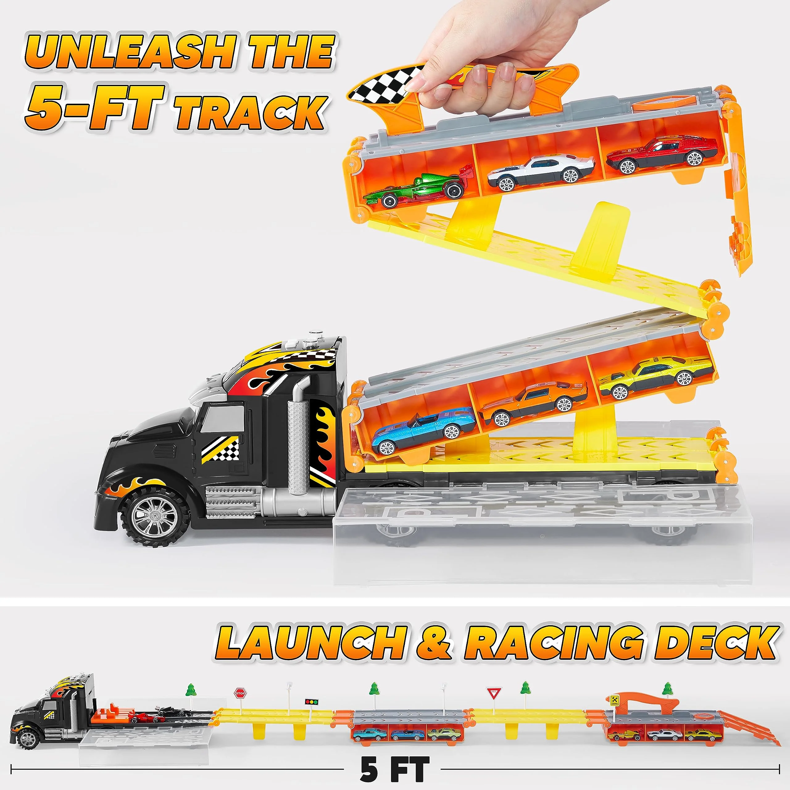 JOYIN Toy Truck for Kids, Race Toy Cars, 60" Extra Long Race Track and 12 Die-Cast Metal Cars, Toddler Carrier Truck with Lights & Sounds, Christmas Birthday Gifts for 2 3 4 5 6 7 Years Old Grandkids - Image 6
