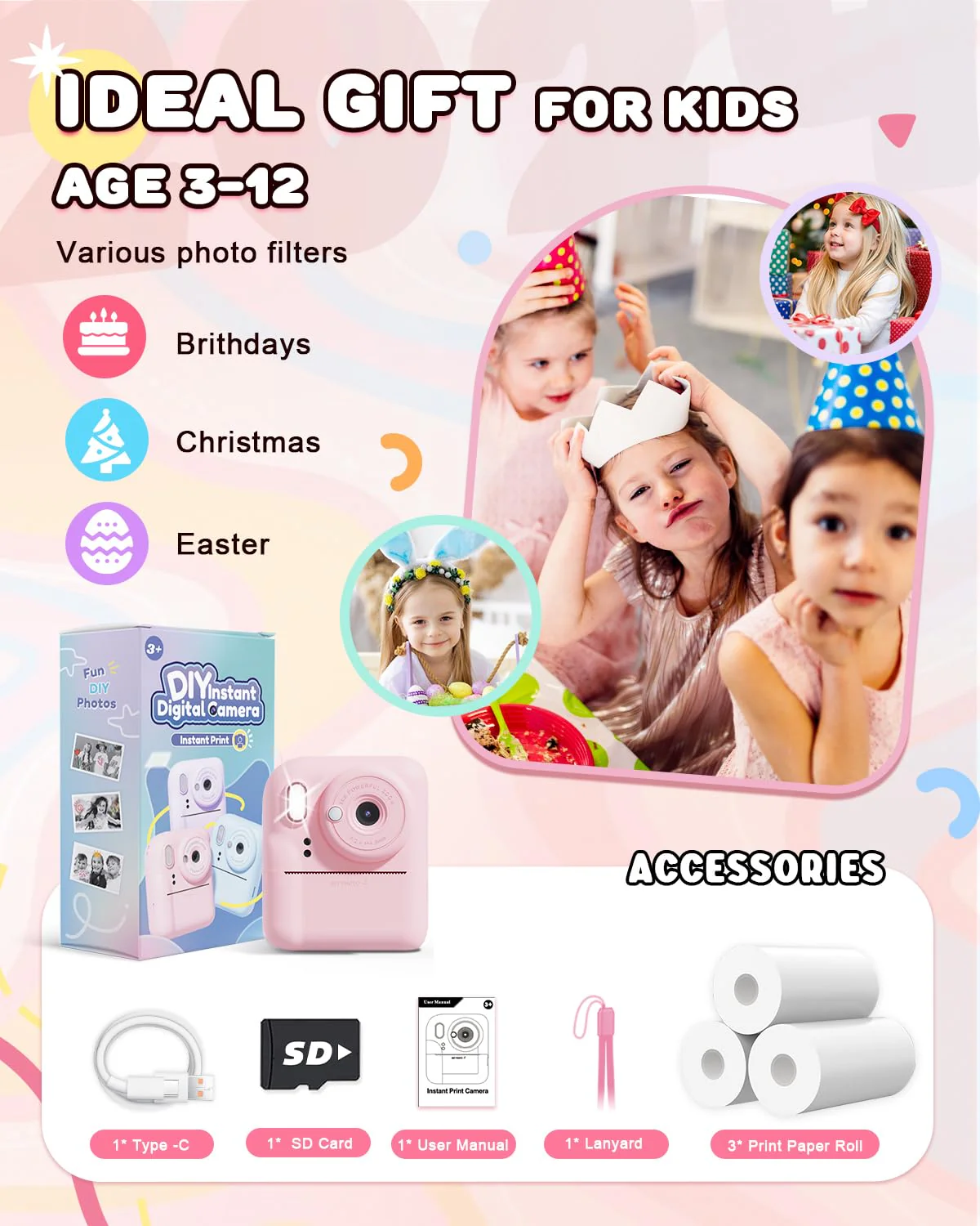 JOYJAM Kids Camera Instant Print, Upgrade Dual-Lens Selfie Digital Camera for Kids, HD 1080P, Christmas Birthday Gifts Toys for Girls Age 3-12, Toddler Portable Toy with SD Card 3 Rolls Print Paper - Image 2