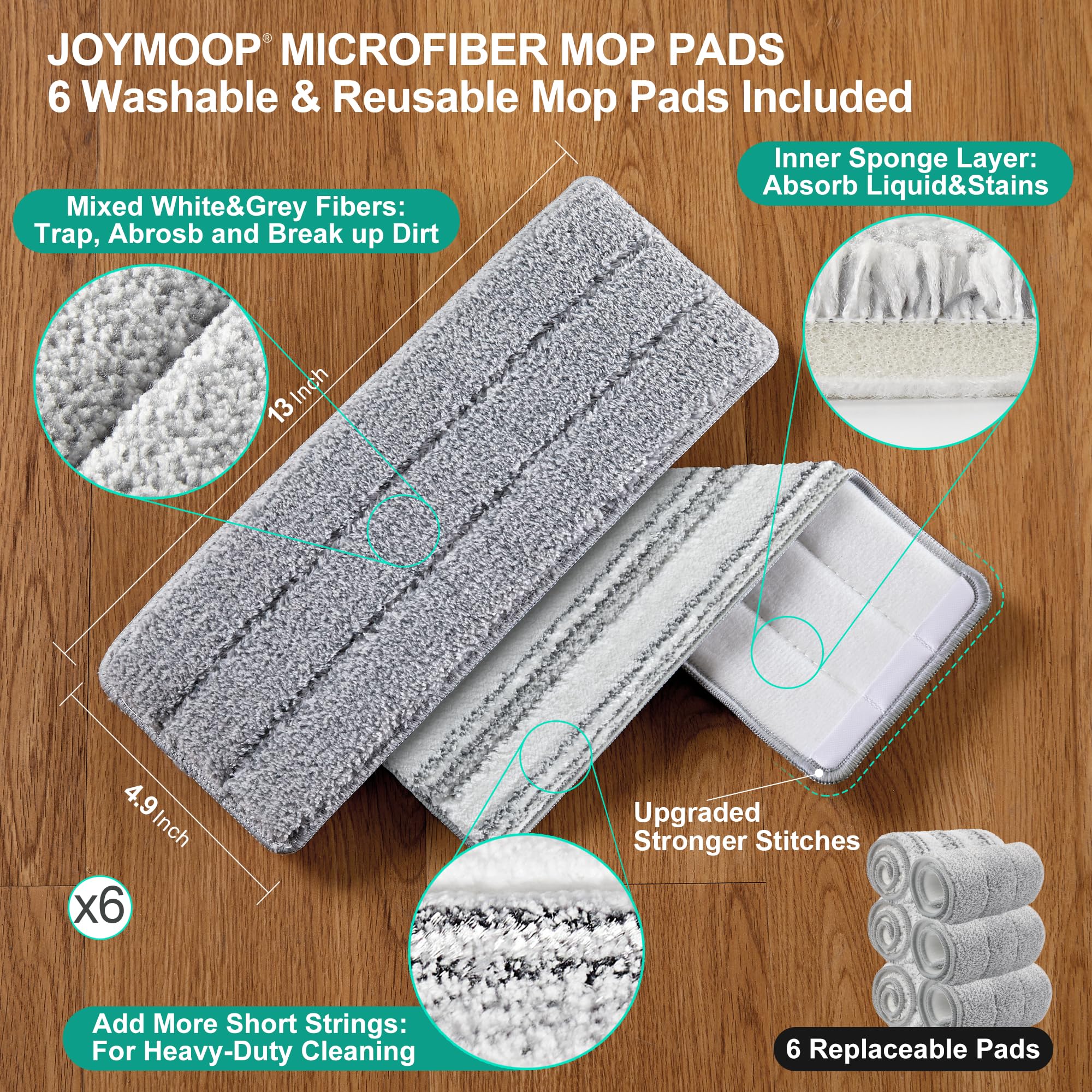 JOYMOOP Mop and Bucket Set with Wringer, Flat Mops for Floor Cleaning, Wall Mop Cleaner with Long Handle, Hardwood Floor Mop with 6 Microfiber Pads - Image 6
